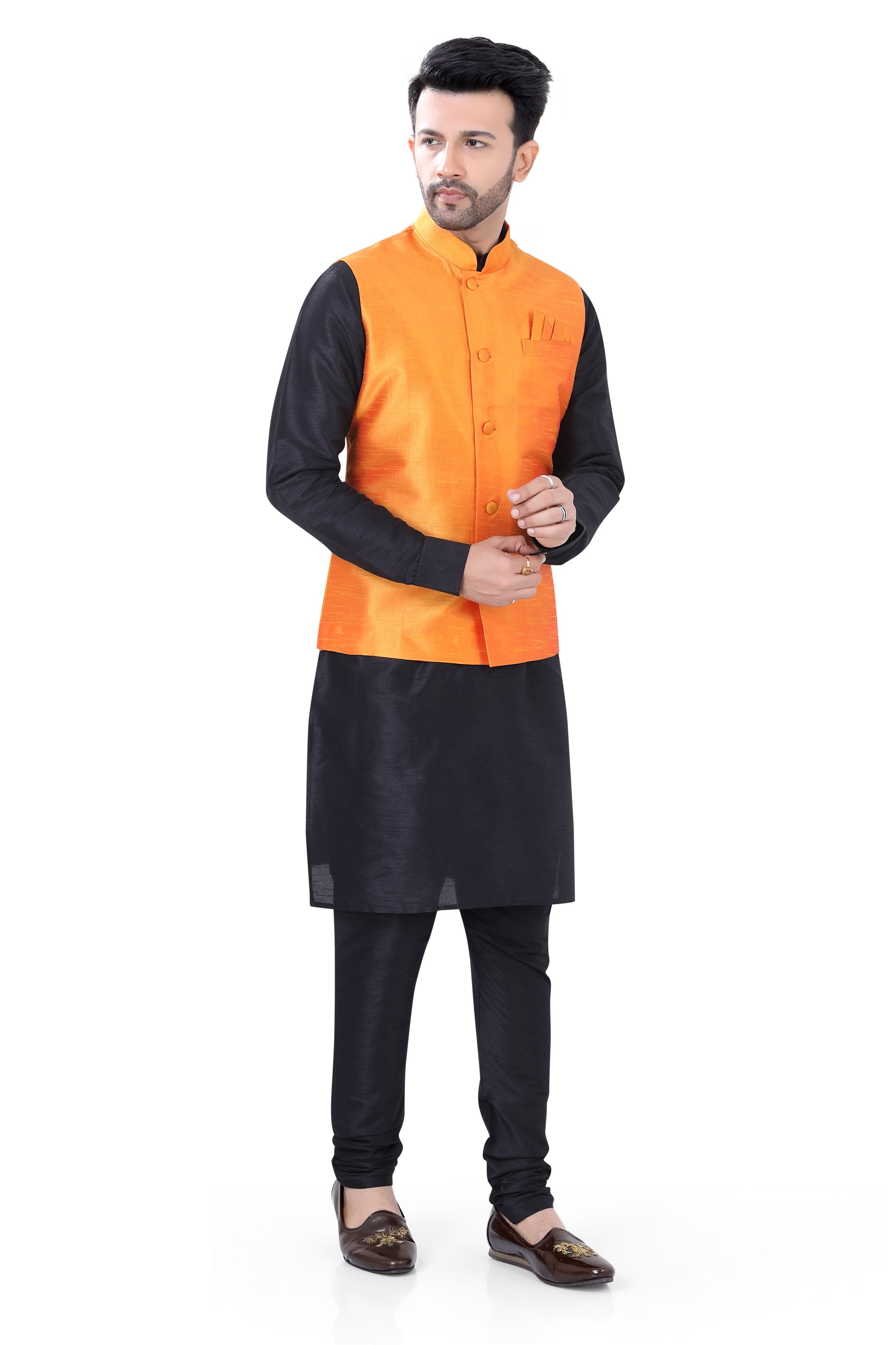 Orange Color Banarasi Vest Coat with   Black Kurta Pajama set