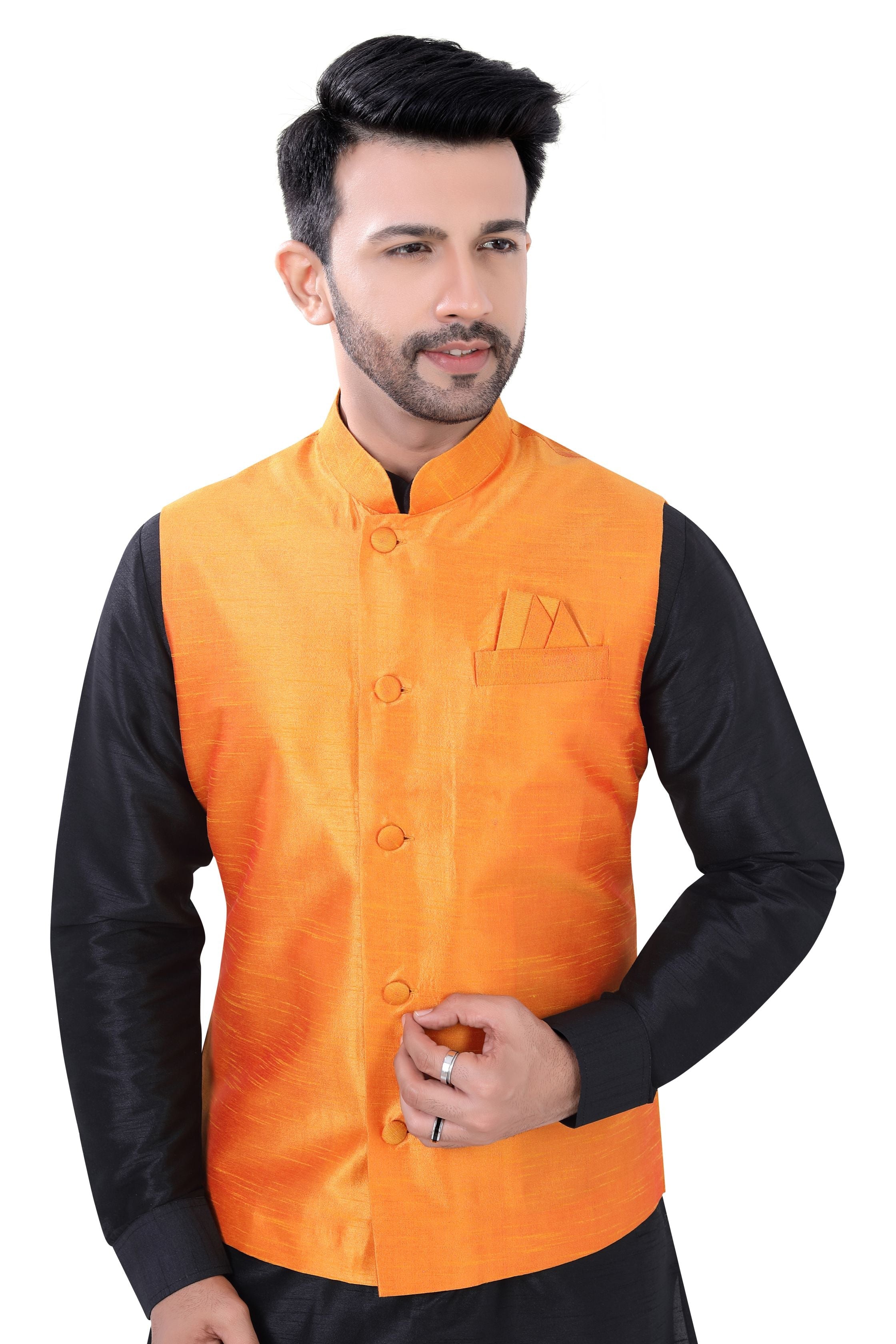 Orange Color Banarasi Vest Coat with Black Kurta Pajama set 38