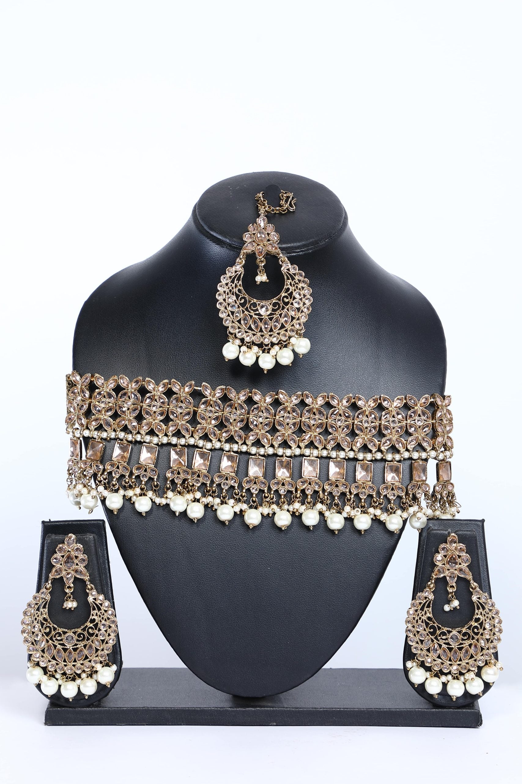 Golden Stone Studded Choker Necklace Set - 6278