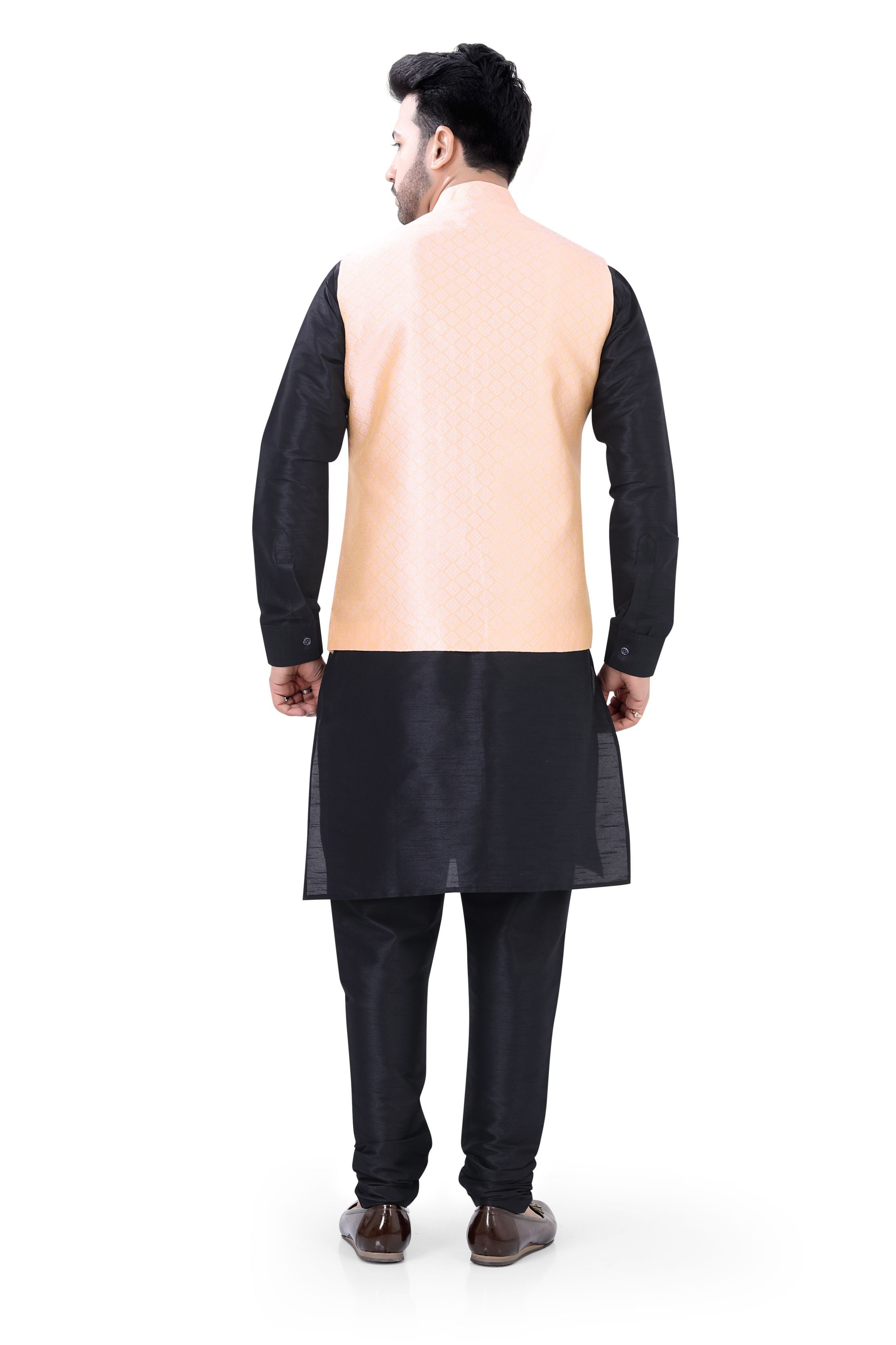 Peach Color Banarasi Vest Coat with   Black Kurta Pajama set