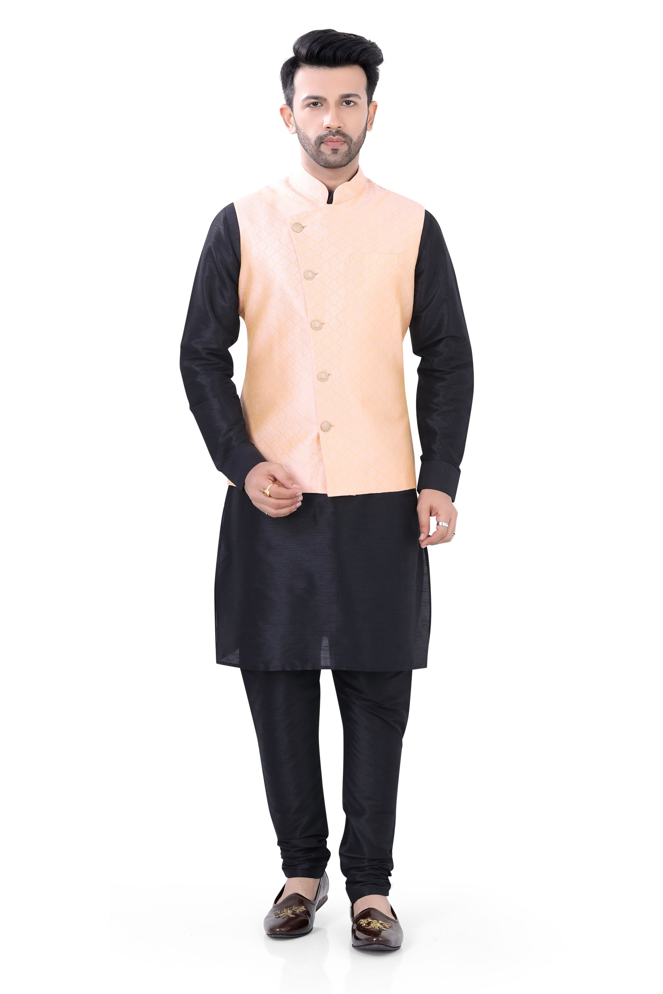 Peach Color Banarasi Vest Coat with   Black Kurta Pajama set