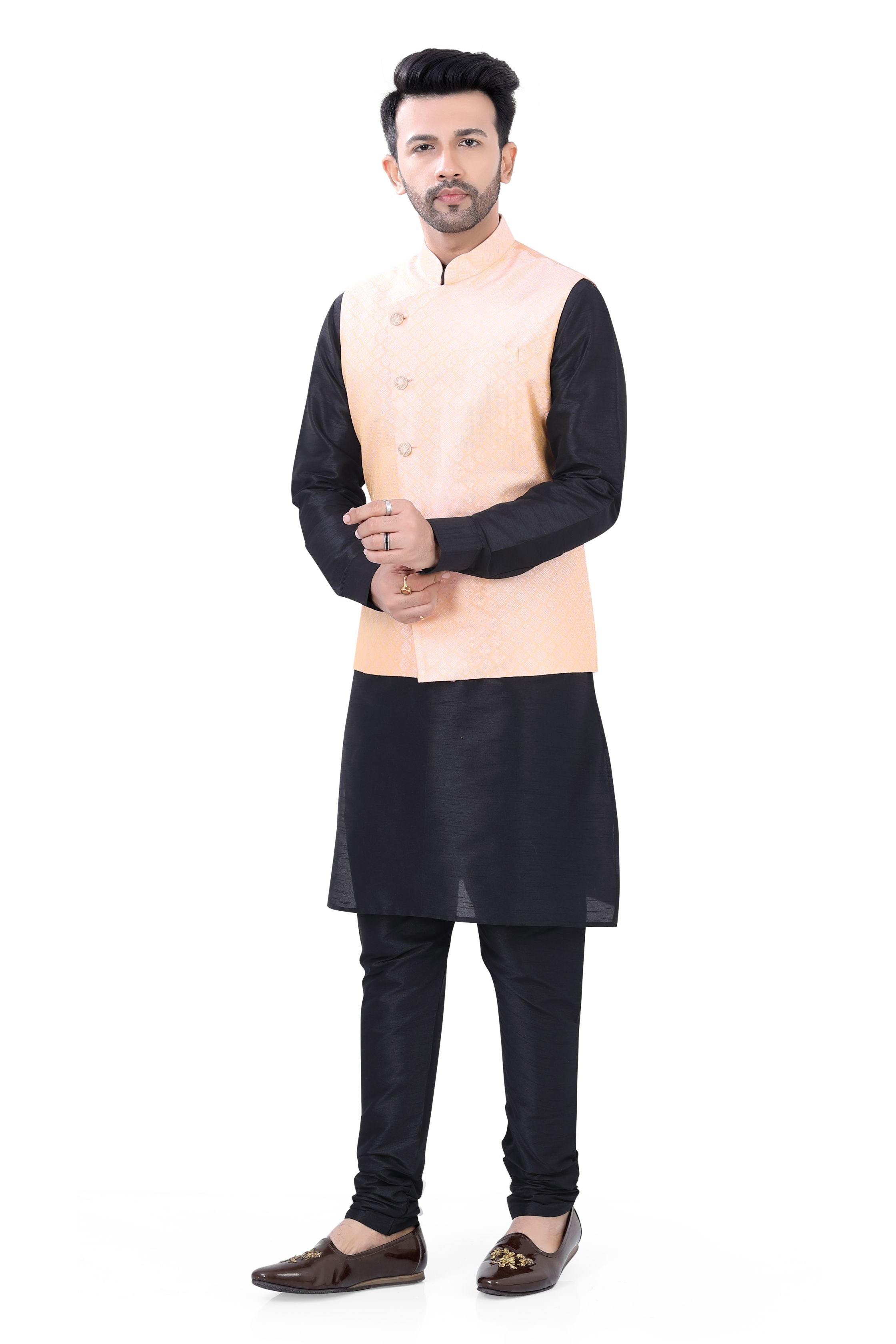 Peach Color Banarasi Vest Coat with   Black Kurta Pajama set