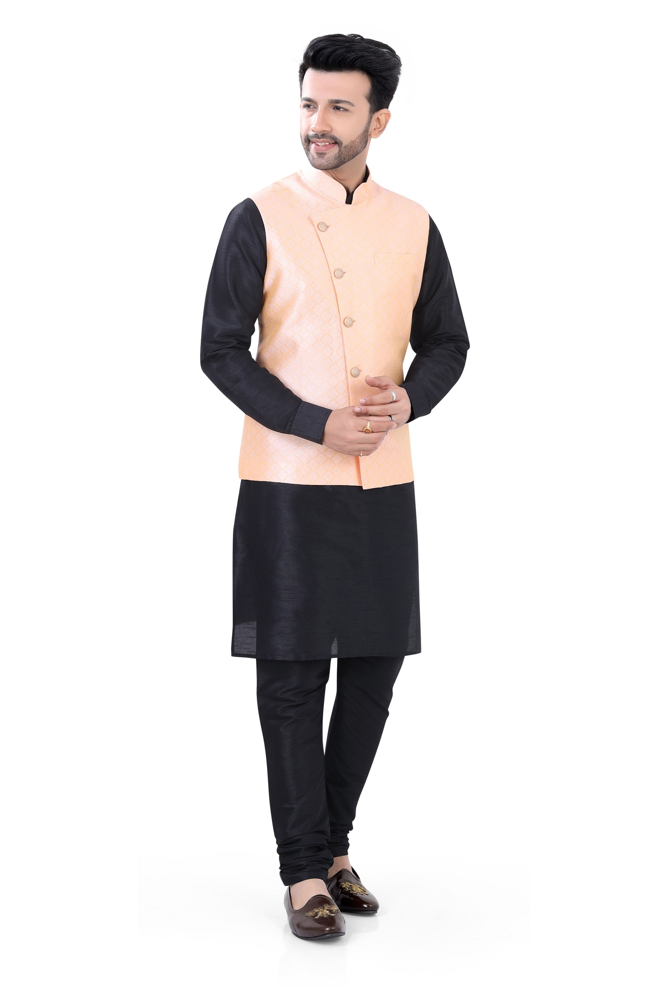 Peach Color Banarasi Vest Coat with   Black Kurta Pajama set