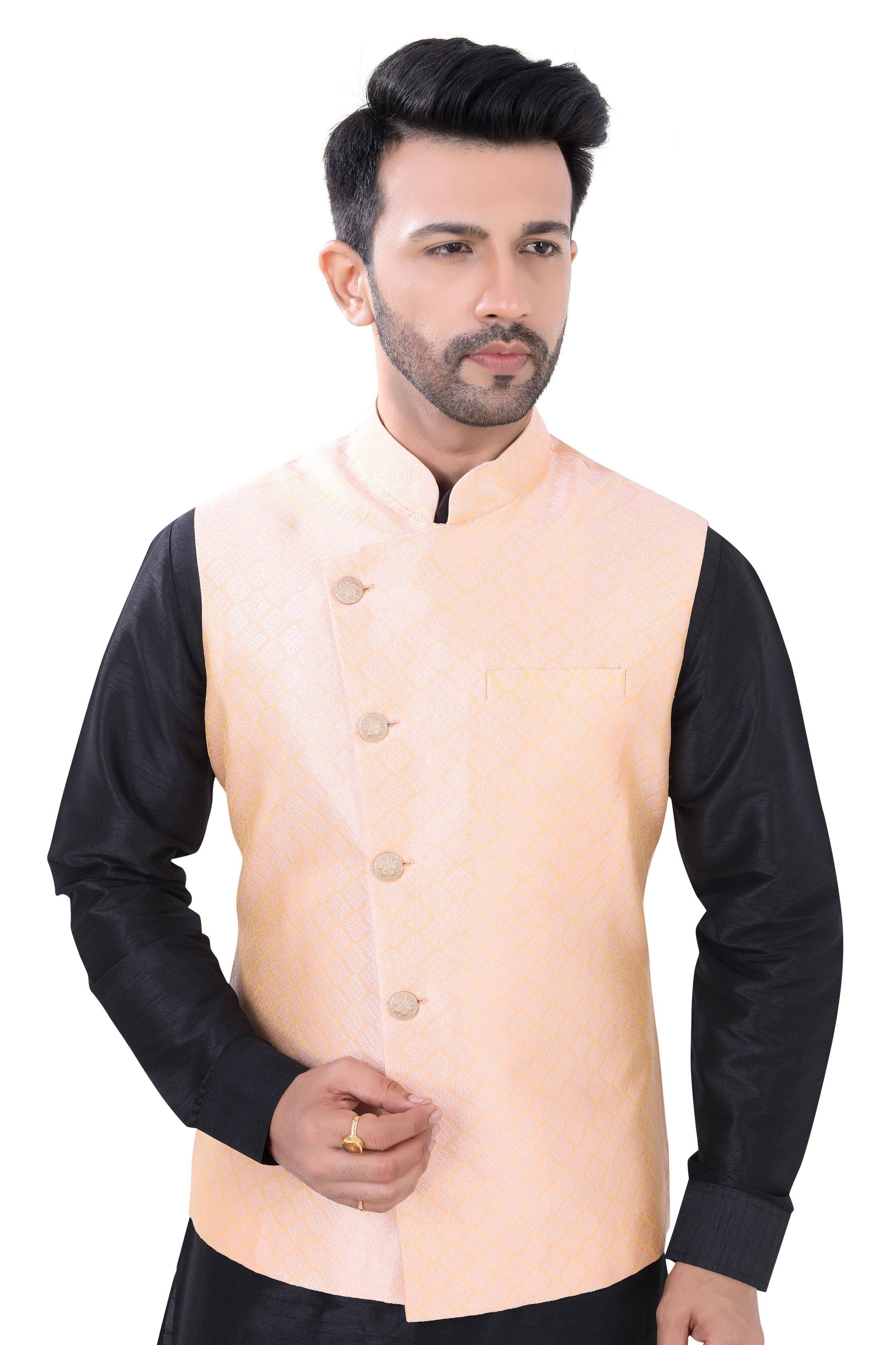 Peach Color Banarasi Vest Coat with   Black Kurta Pajama set