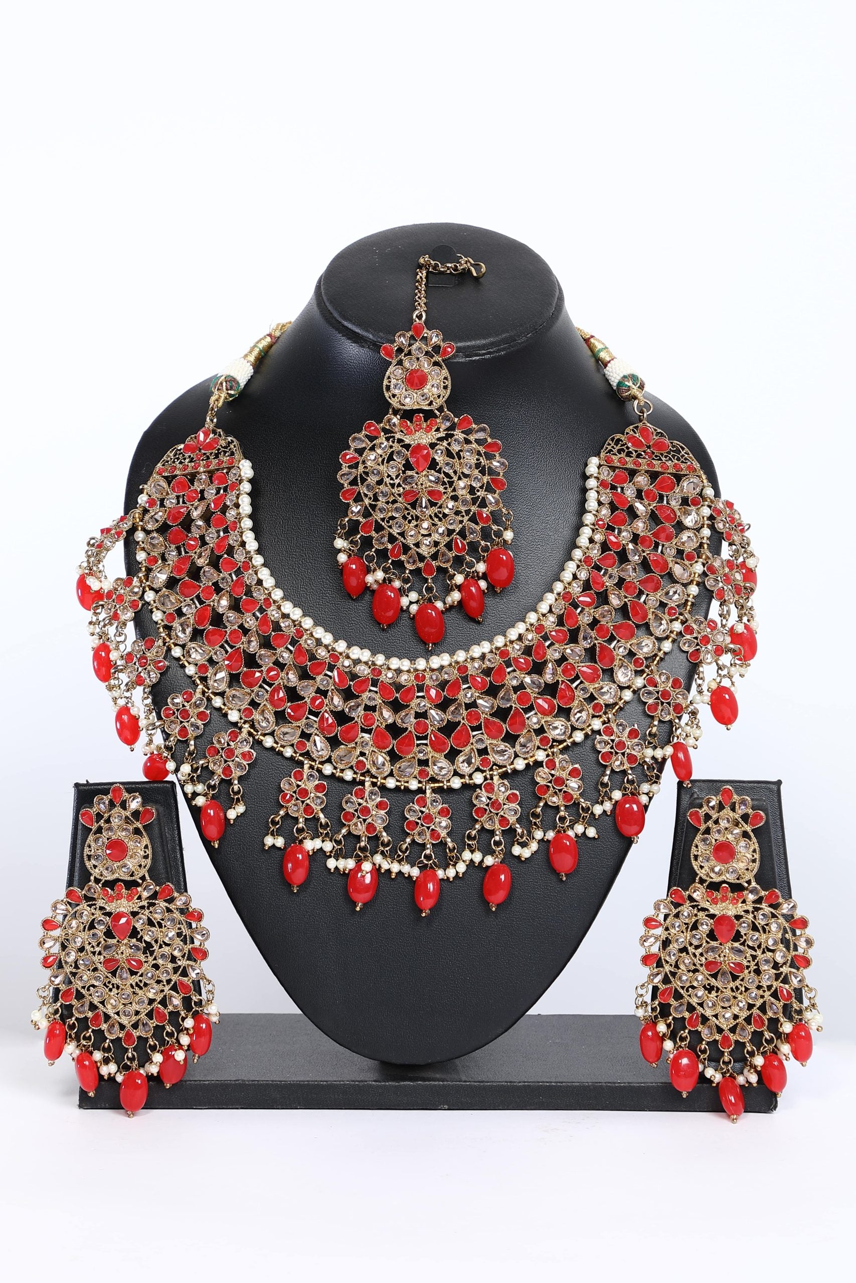 Red Stone Studded Choker Necklace Set - 6213