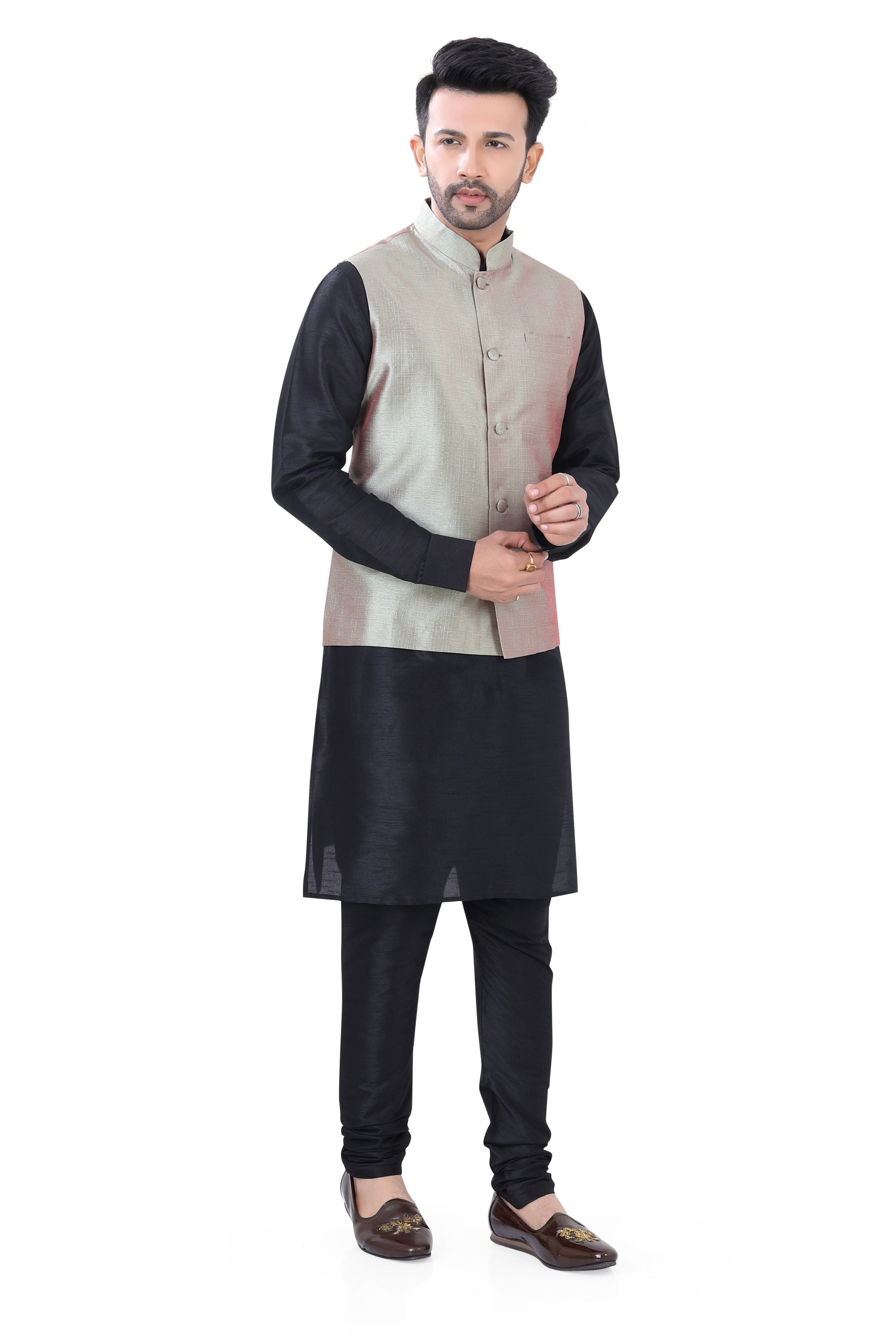 Grey Color Banarasi Vest Coat with   Black Kurta Pajama set