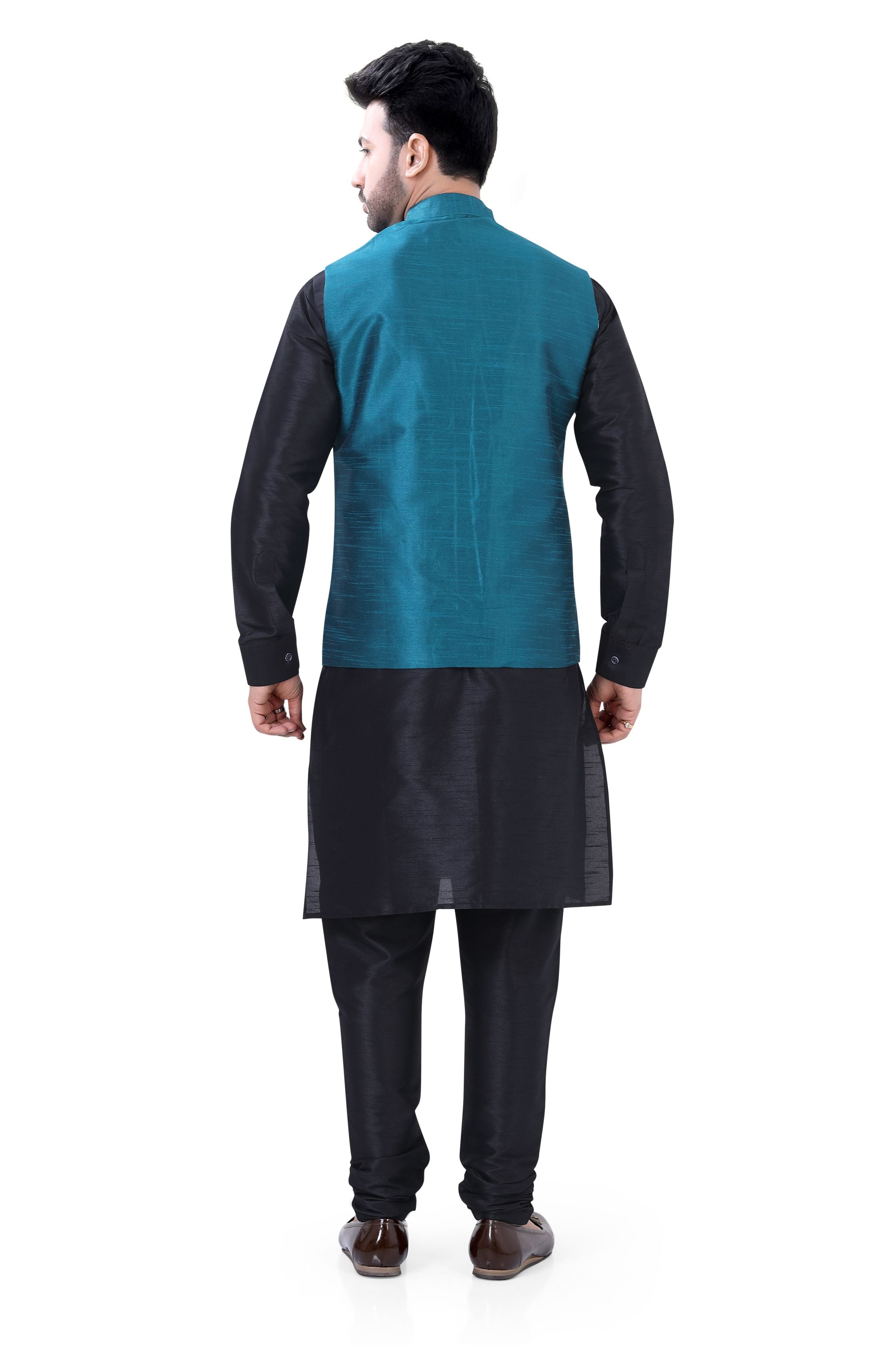 Royal Blue Banarasi 3 pieces Vest Coat with suit in  Black