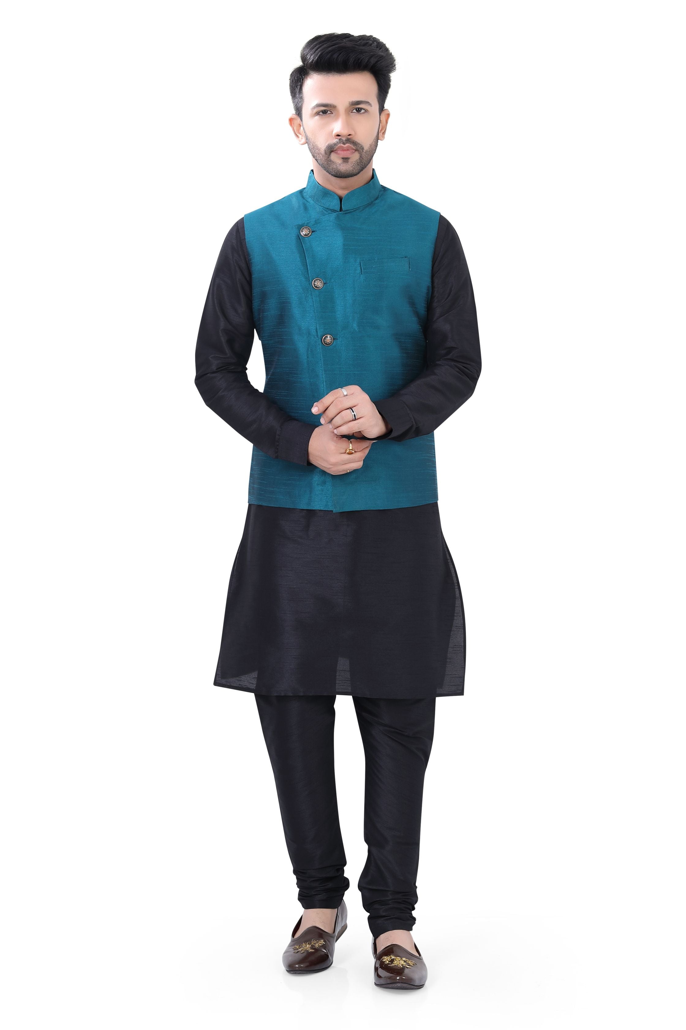 Royal Blue Banarasi 3 pieces Vest Coat with suit in  Black