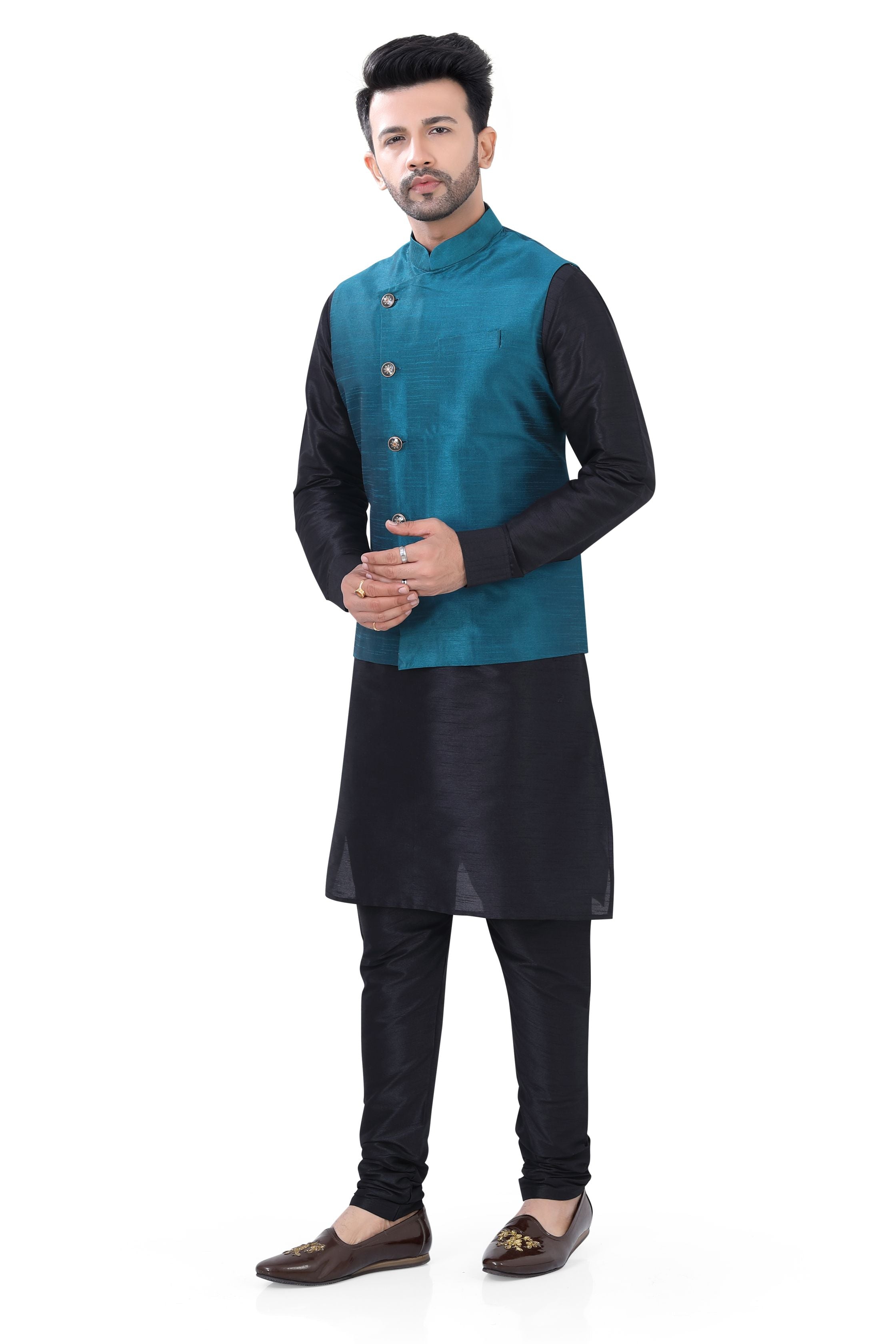 Royal Blue Banarasi 3 pieces Vest Coat with suit in  Black