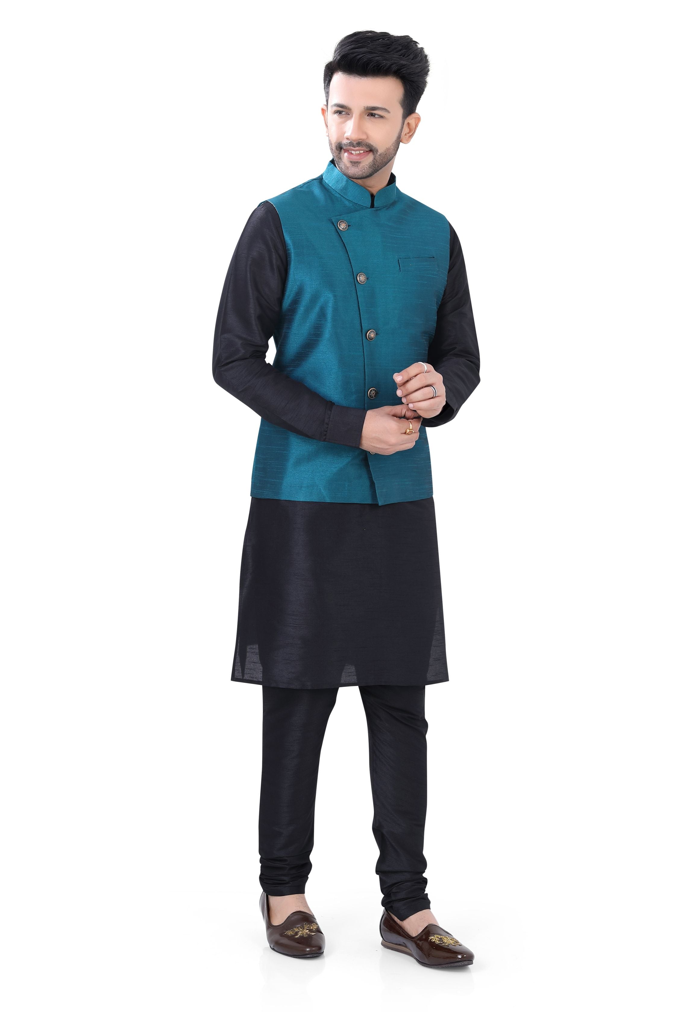 Royal Blue Banarasi 3 pieces Vest Coat with suit in  Black