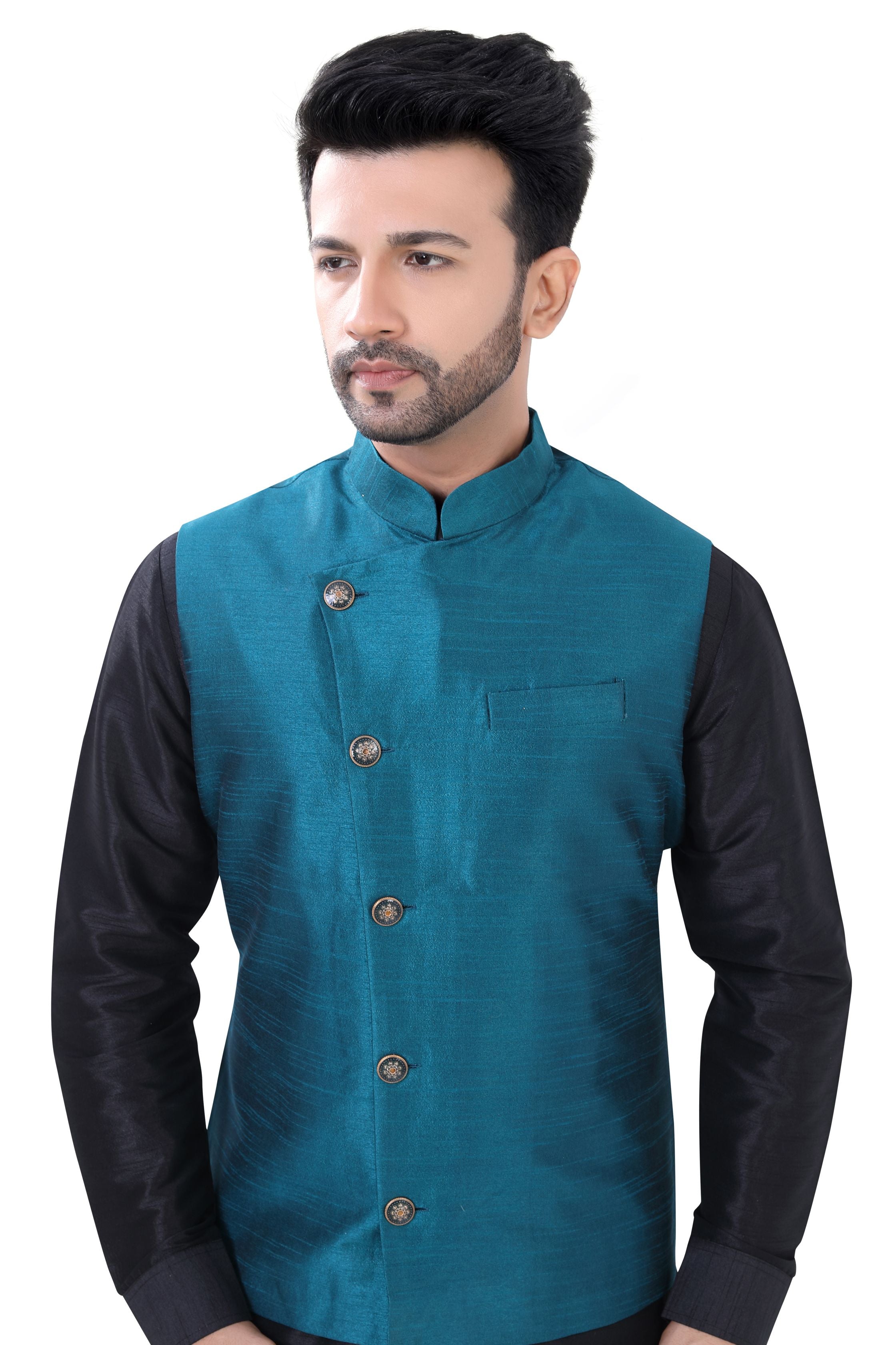 Royal Blue Banarasi 3 pieces Vest Coat with suit in  Black