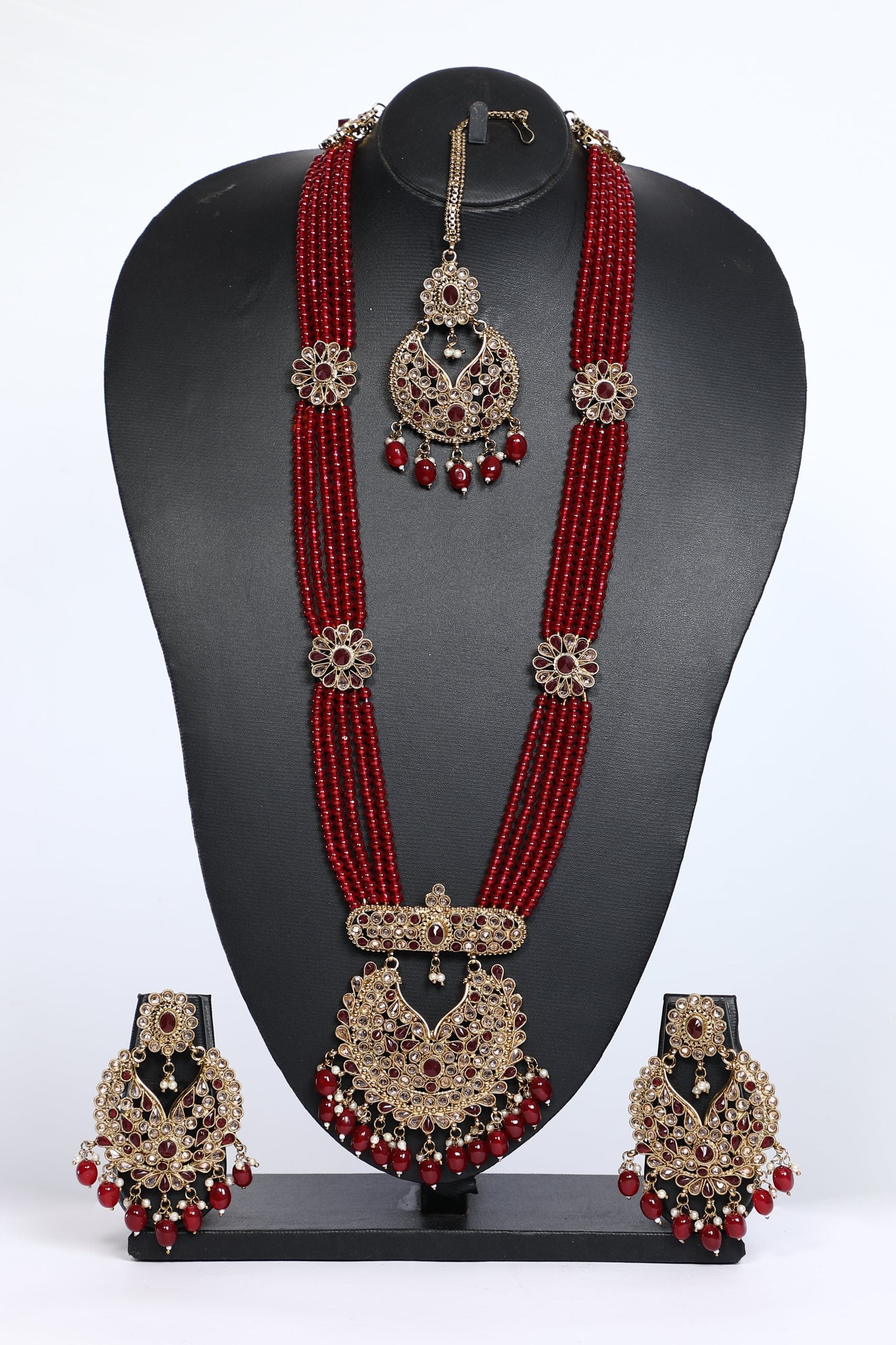 Maroon Necklace Set Heavy For Bridal - 24