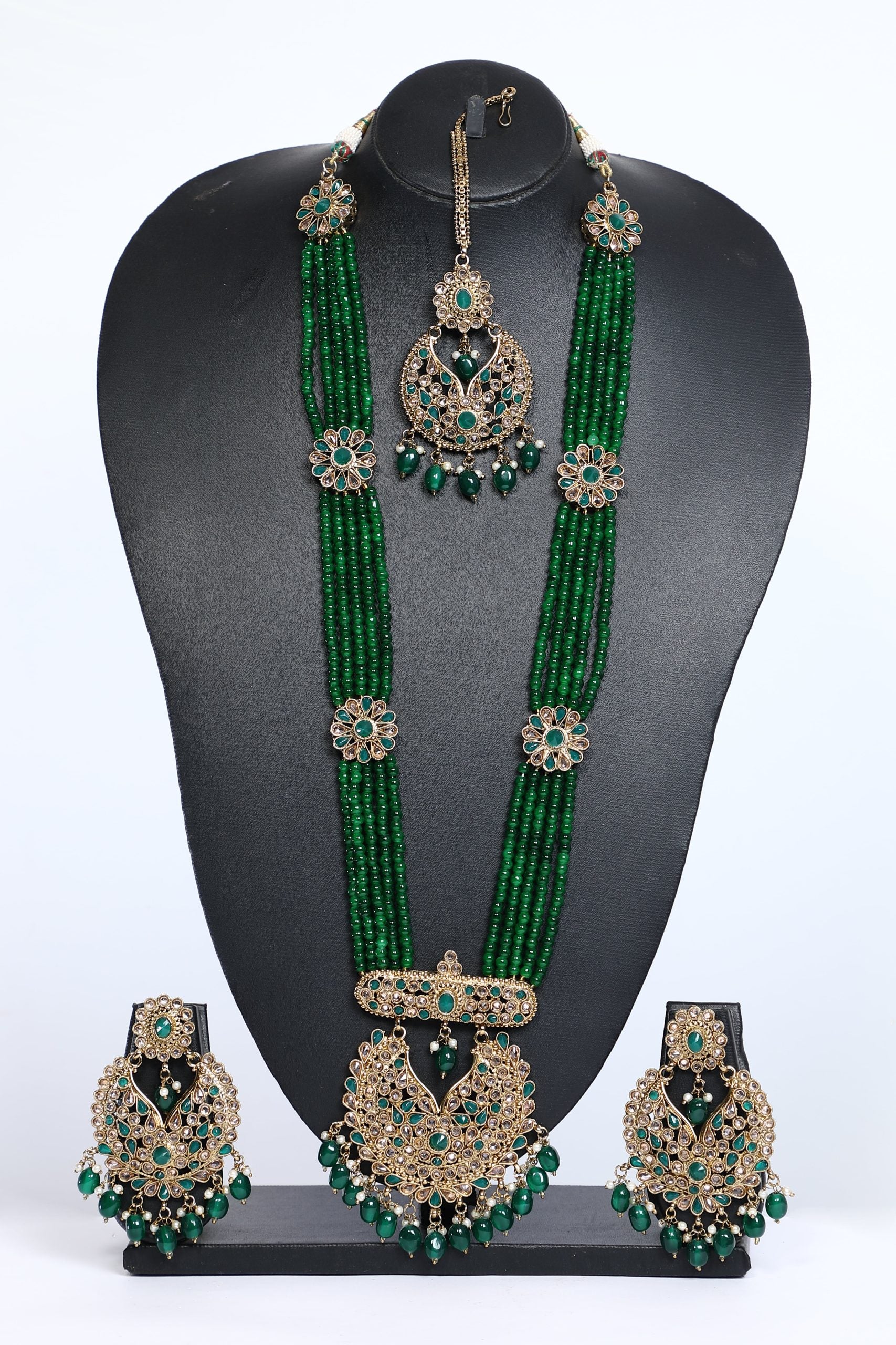 Dark Forest Green Necklace Set Heavy For Bridal - 24