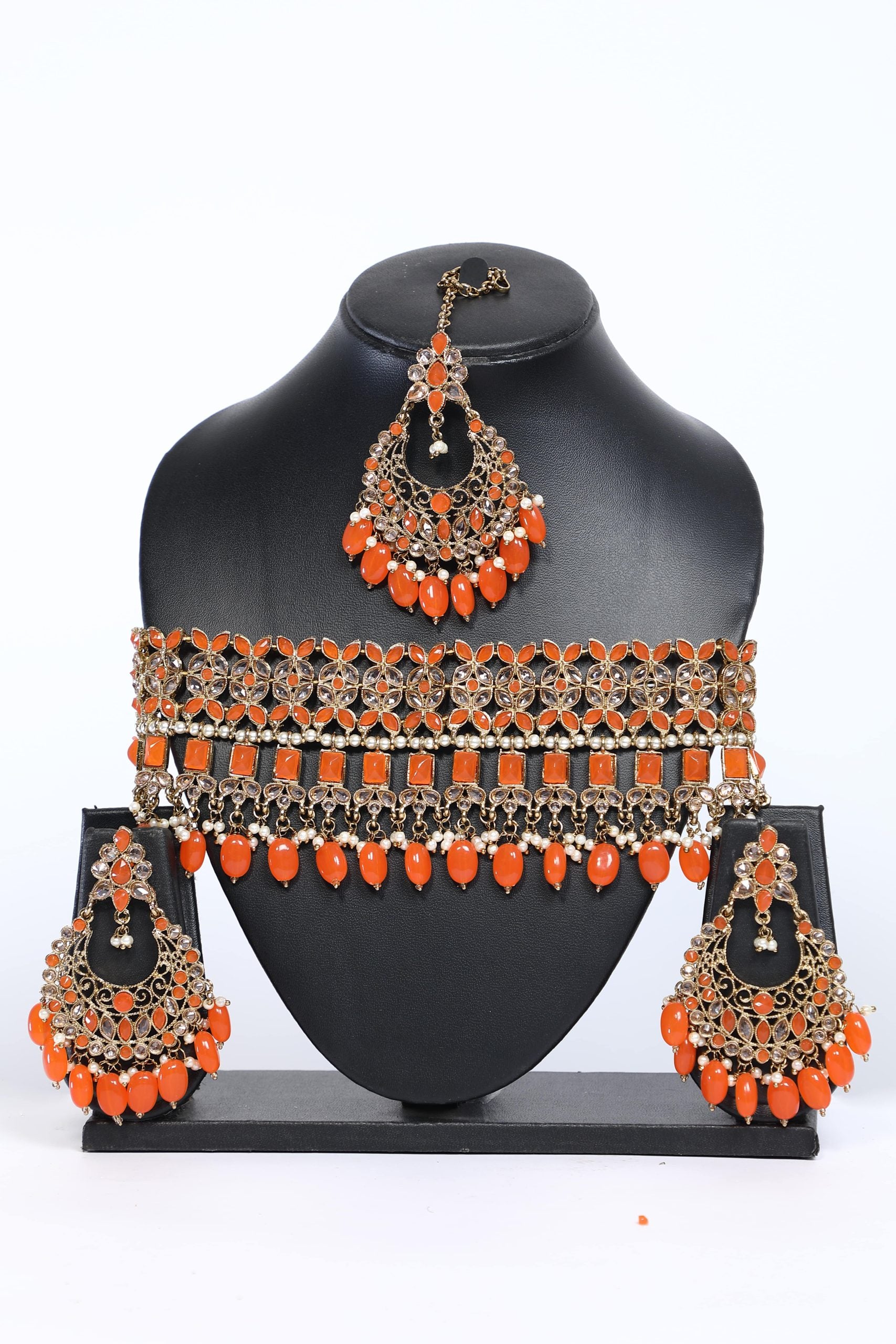 Orange Stone Studded Choker Necklace Set - 6278