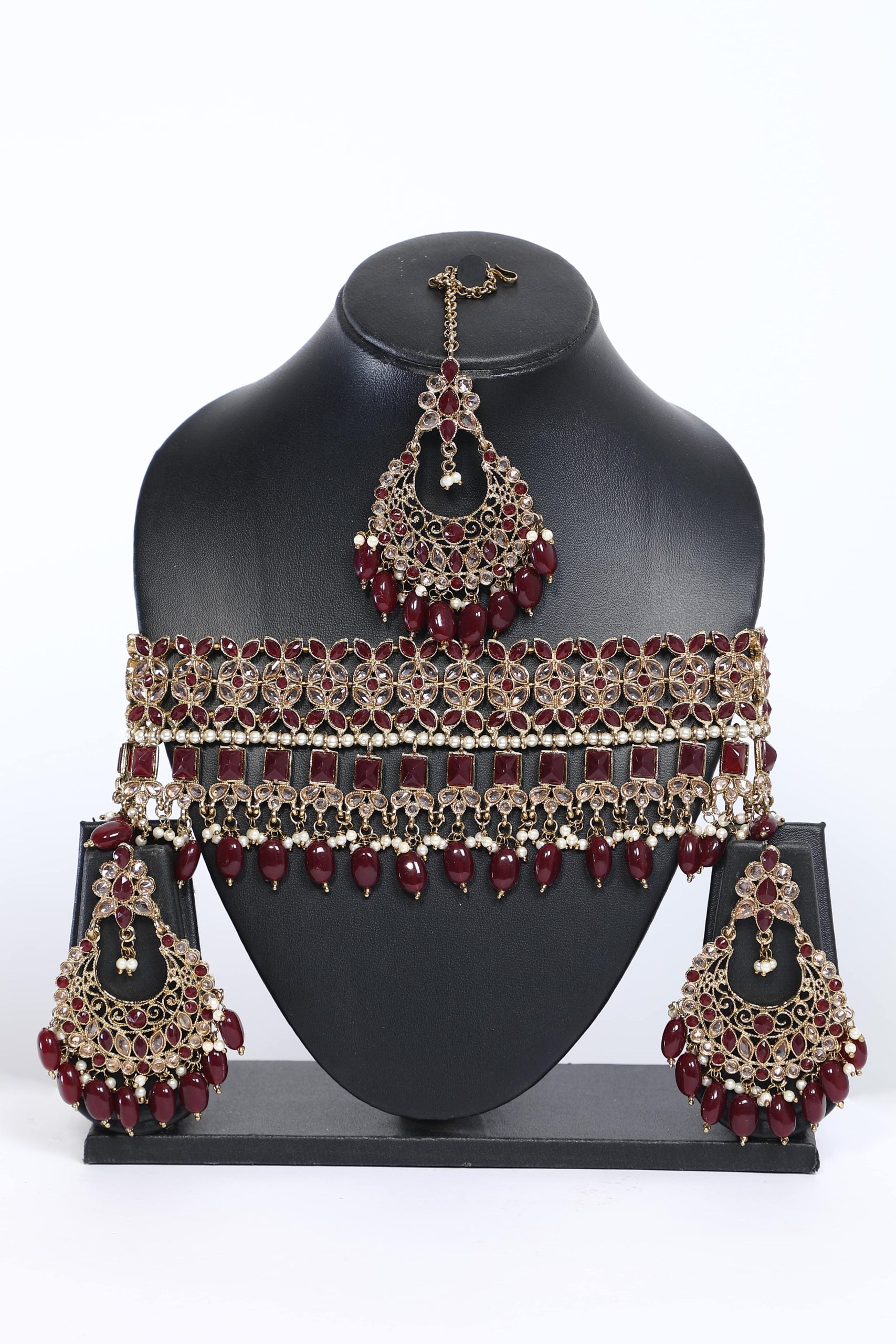 Maroon Colour Stone Studded Choker Necklace Set - 6278