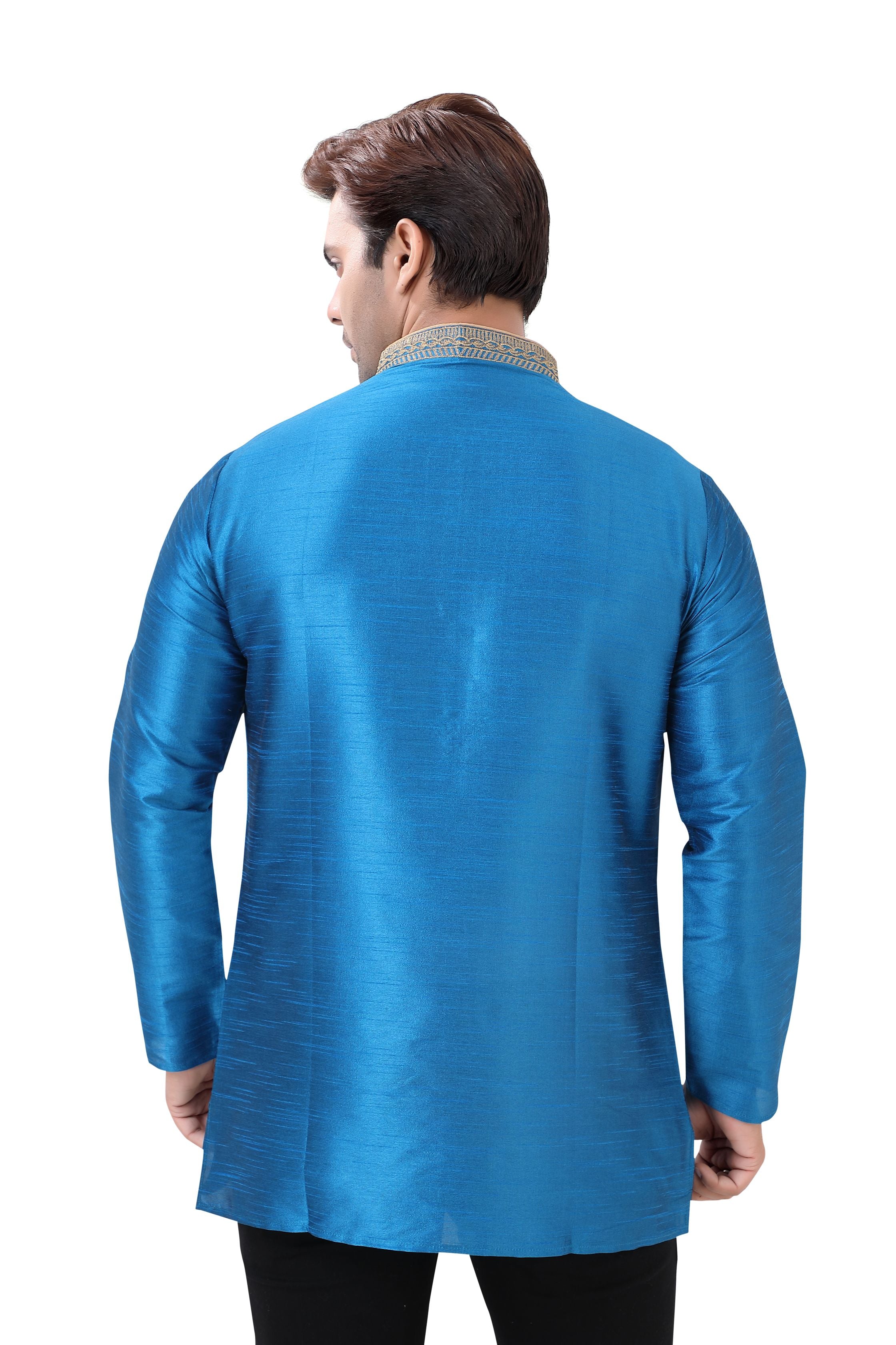 Banarasi Dupion Silk Short Kurta with embroidery in Firozi Blue