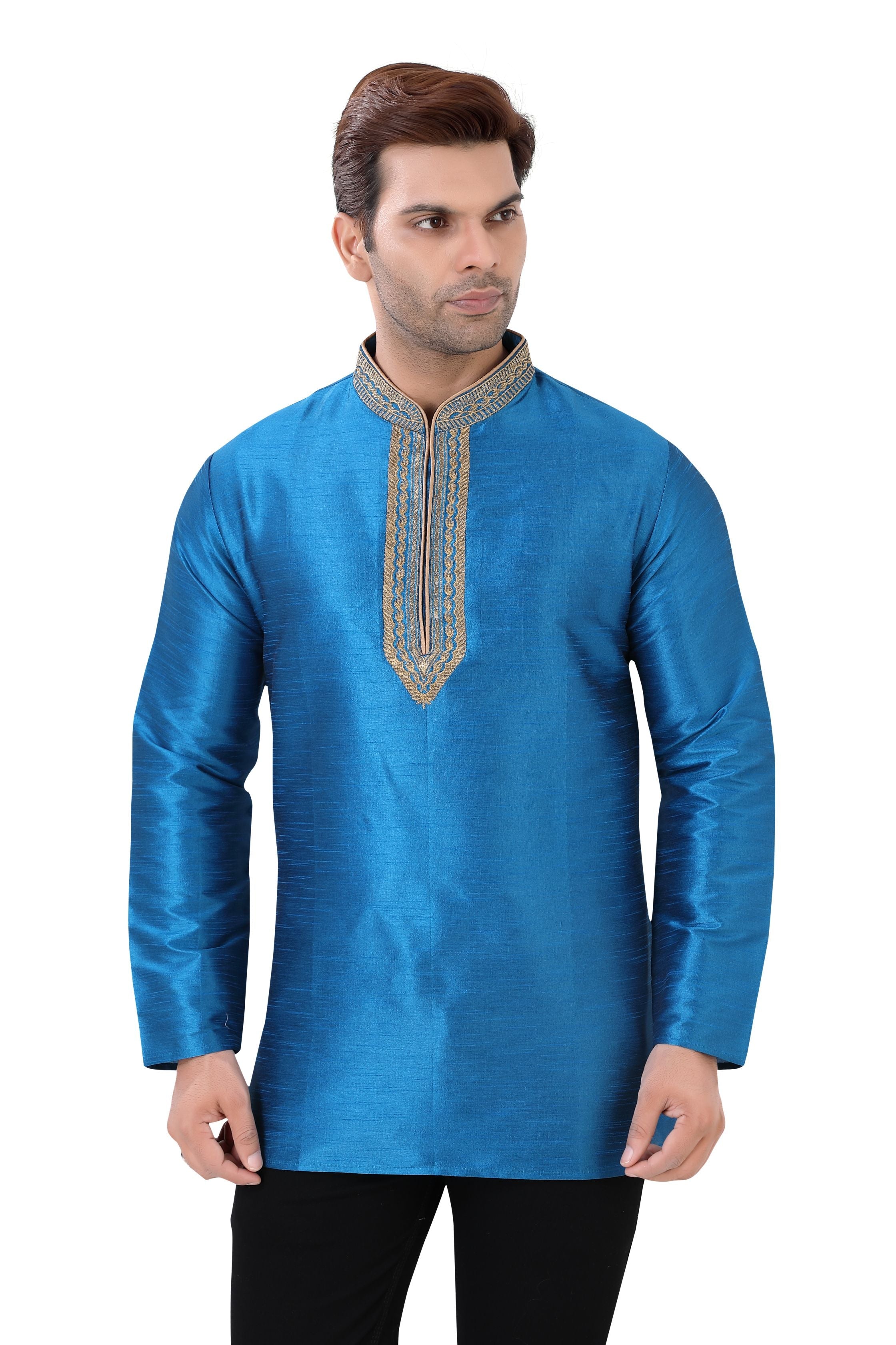 Banarasi Dupion Silk Short Kurta with embroidery in Firozi Blue