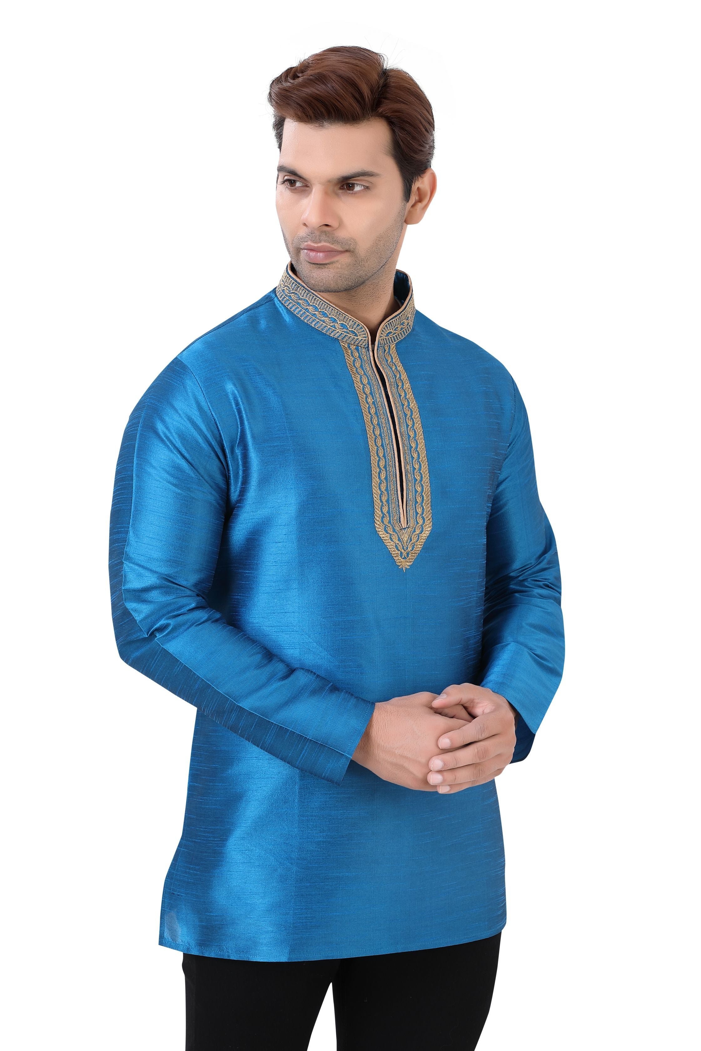 Banarasi Dupion Silk Short Kurta with embroidery in Firozi Blue