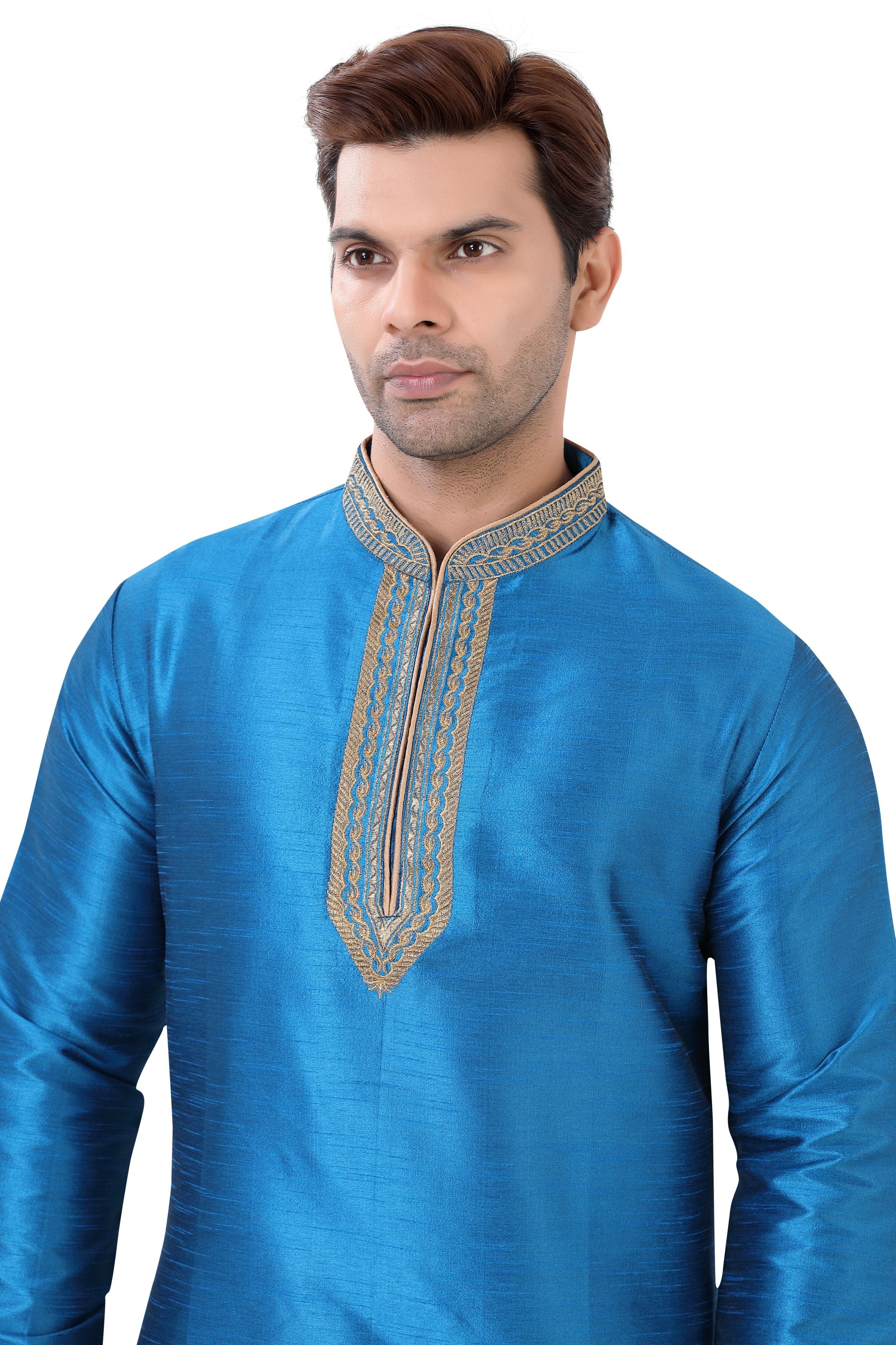 Banarasi Dupion Silk Short Kurta with embroidery in Firozi Blue