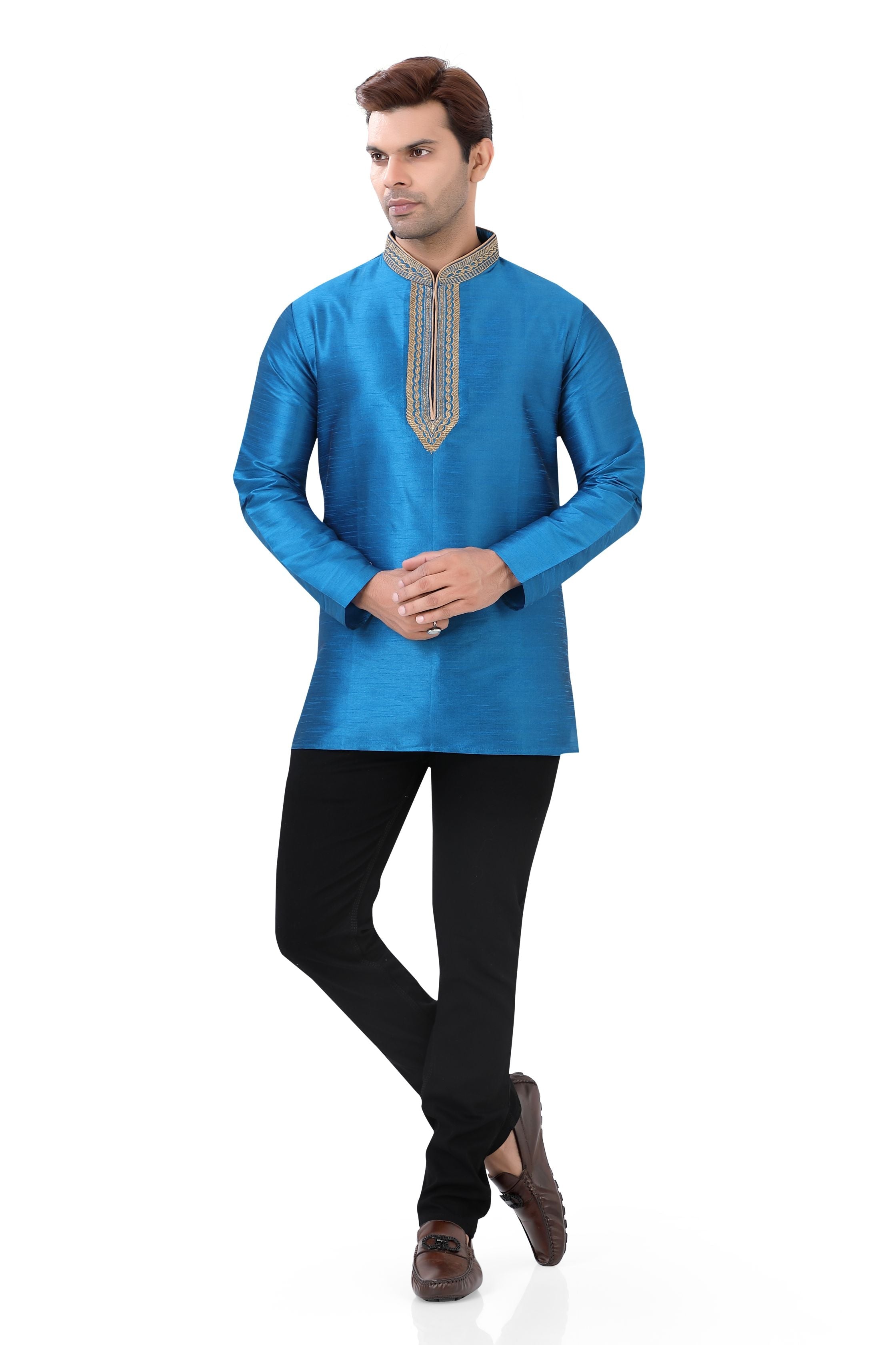 Banarasi Dupion Silk Short Kurta with embroidery in Firozi Blue