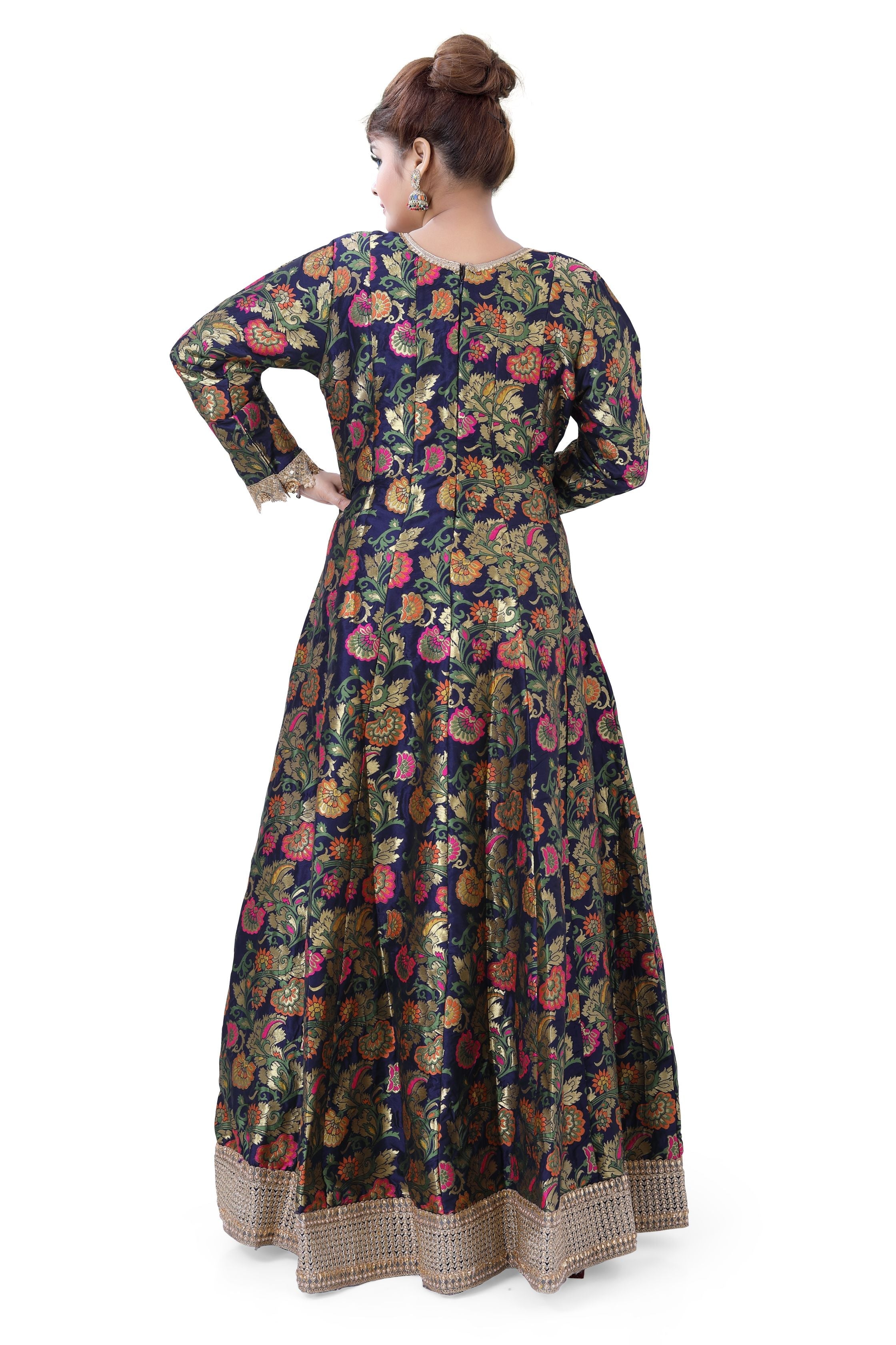 Banarasi Floral Gown Navy Blue - Premium Partywear Dress from Dulhan - Just $279! Shop now at Dulhan Exclusives