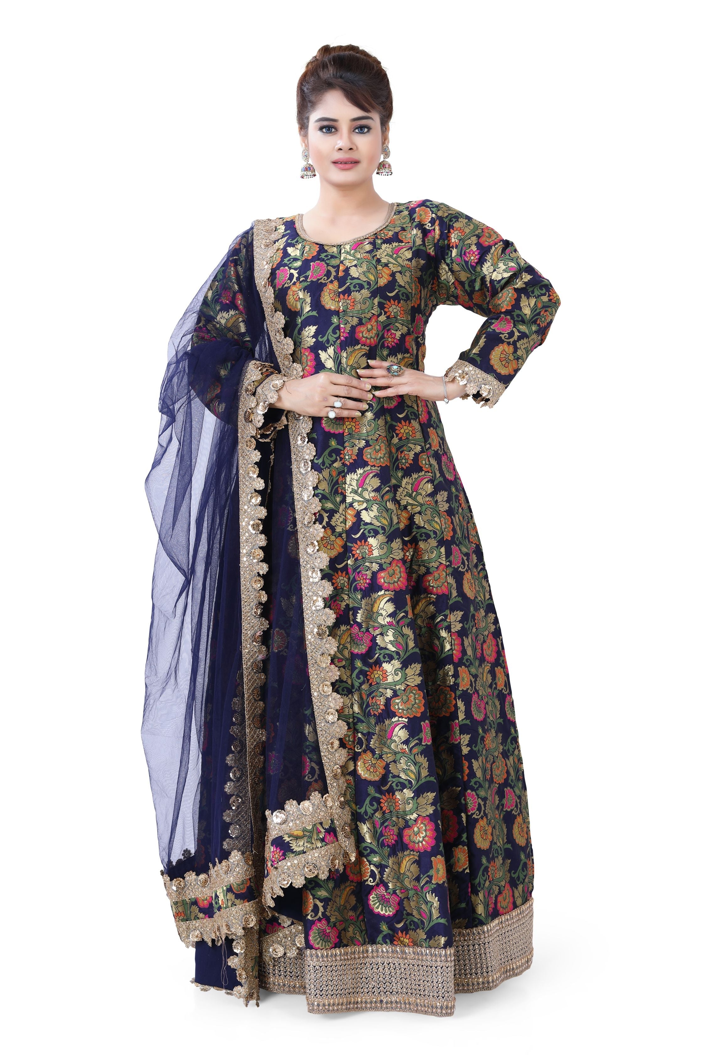 Banarasi Floral Partywear Gown Navy Blue