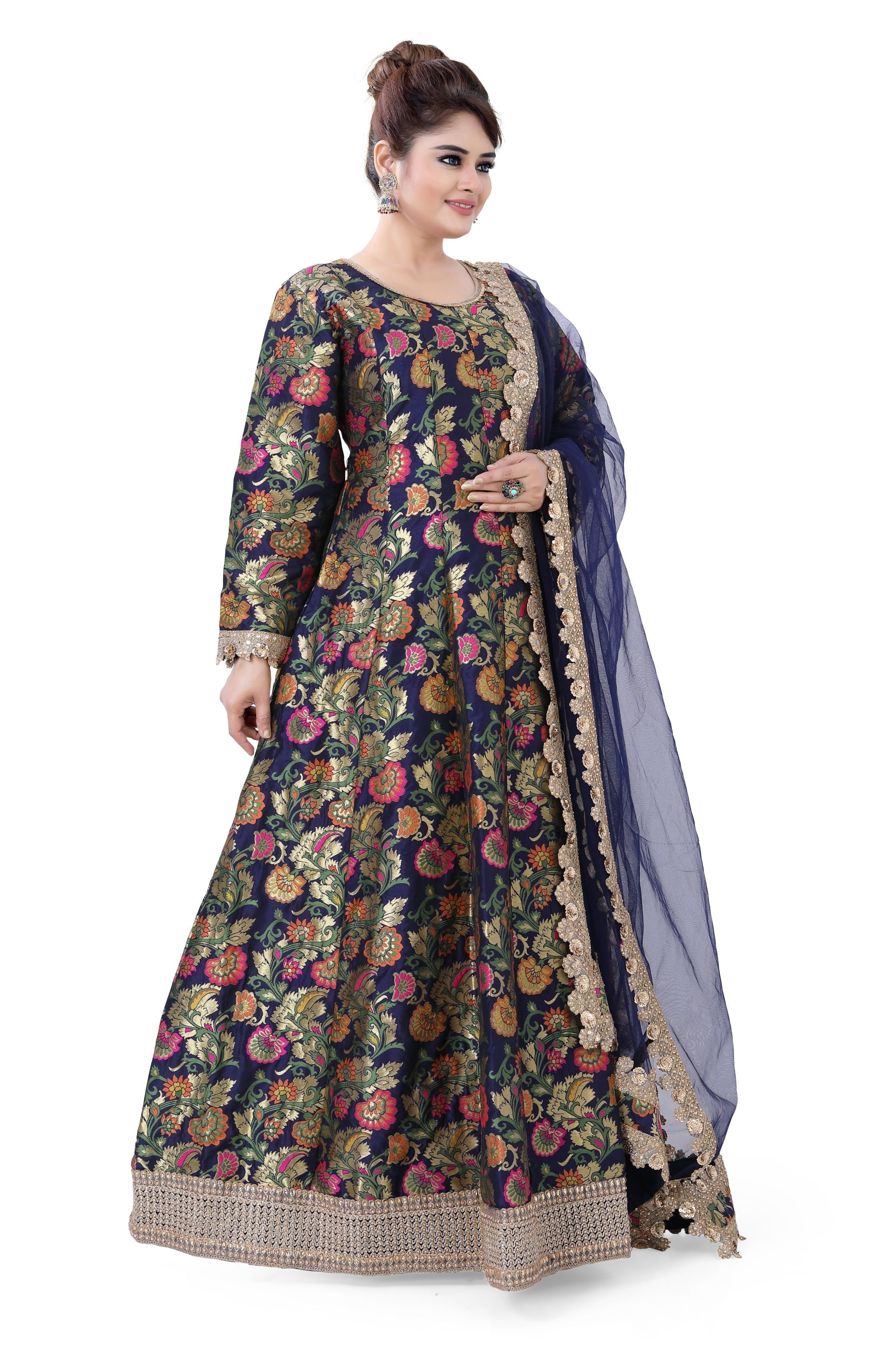 Banarasi Floral Partywear Gown Navy Blue