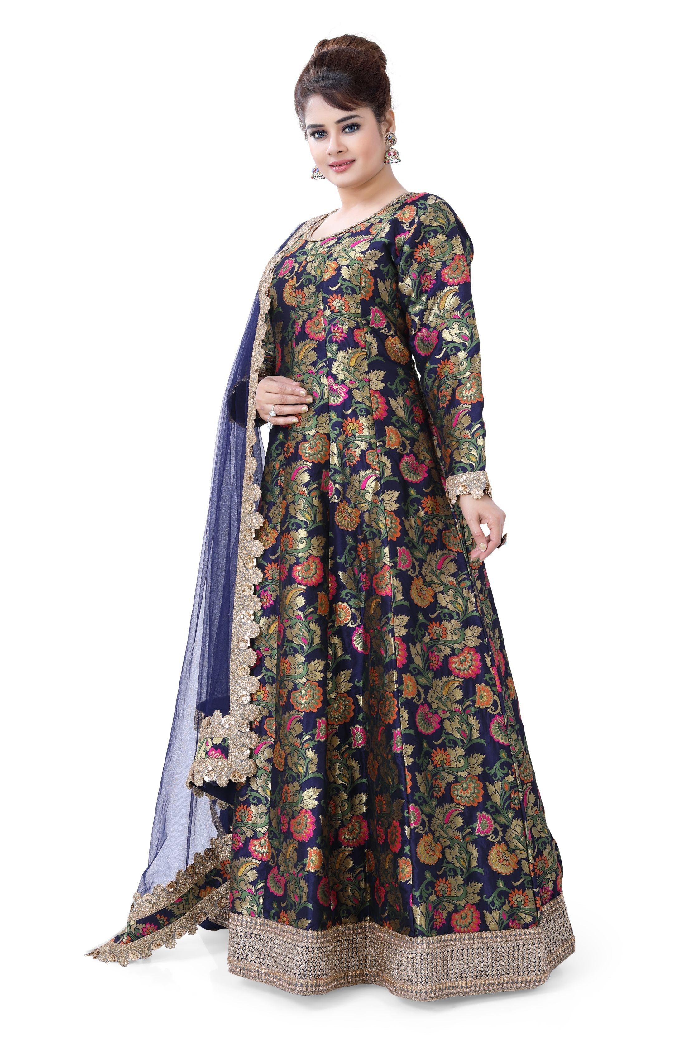 Banarasi Floral Partywear Gown Navy Blue