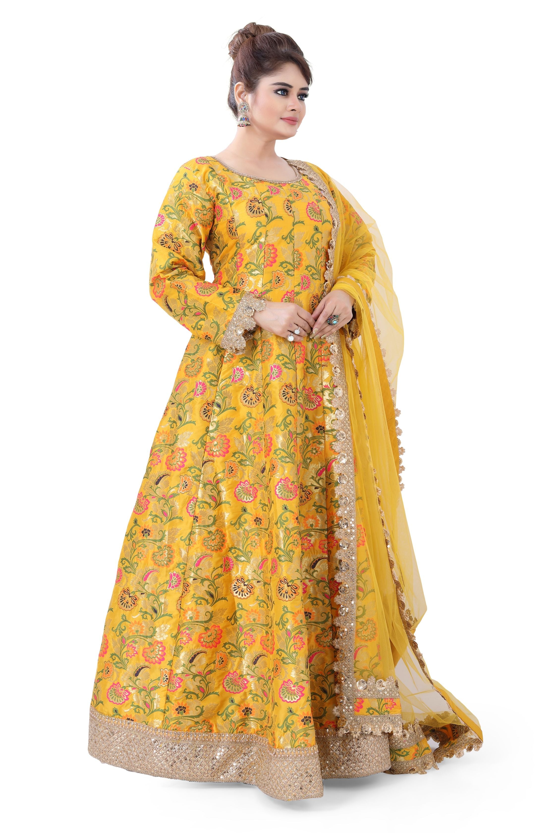 Banarasi Floral Partywear Gown Yellow