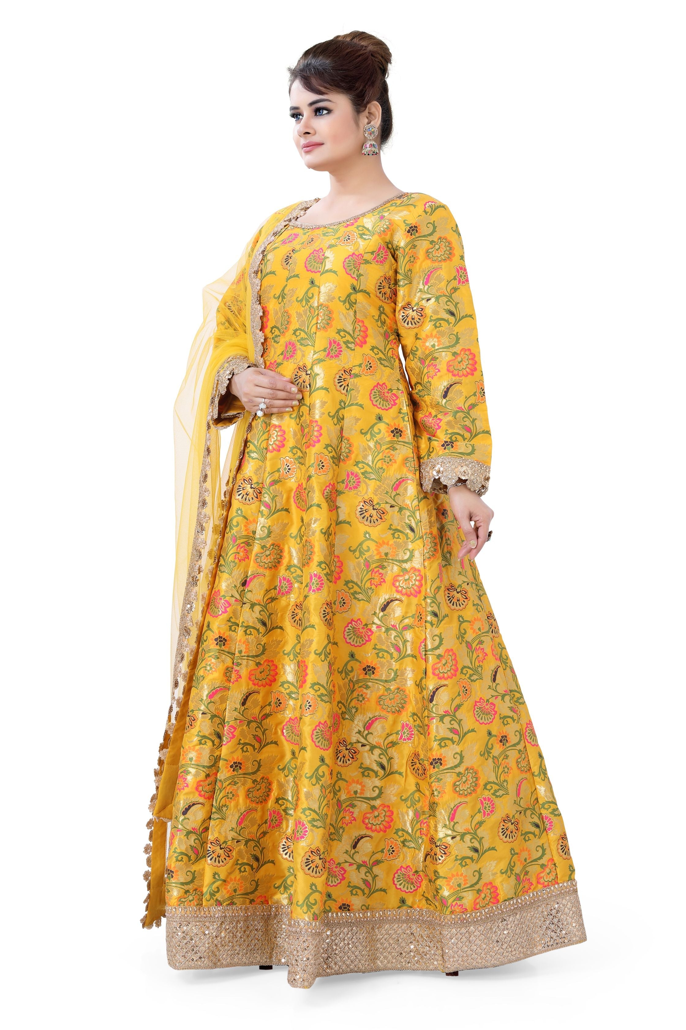 Banarasi Floral Partywear Gown Yellow