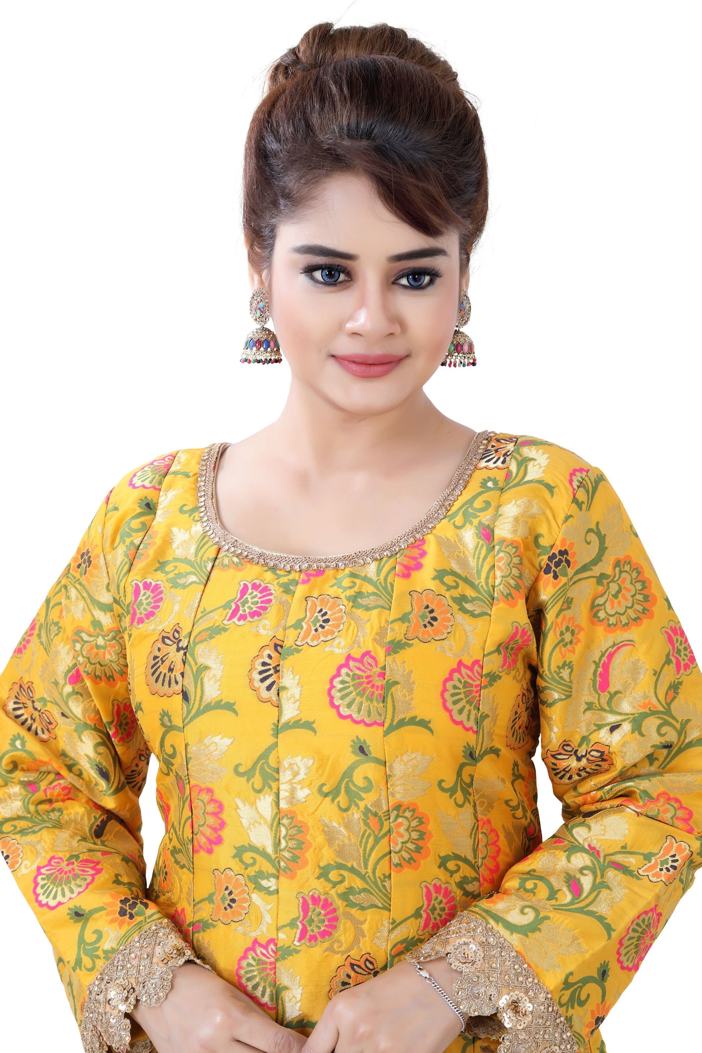 Banarasi Floral Partywear Gown Yellow