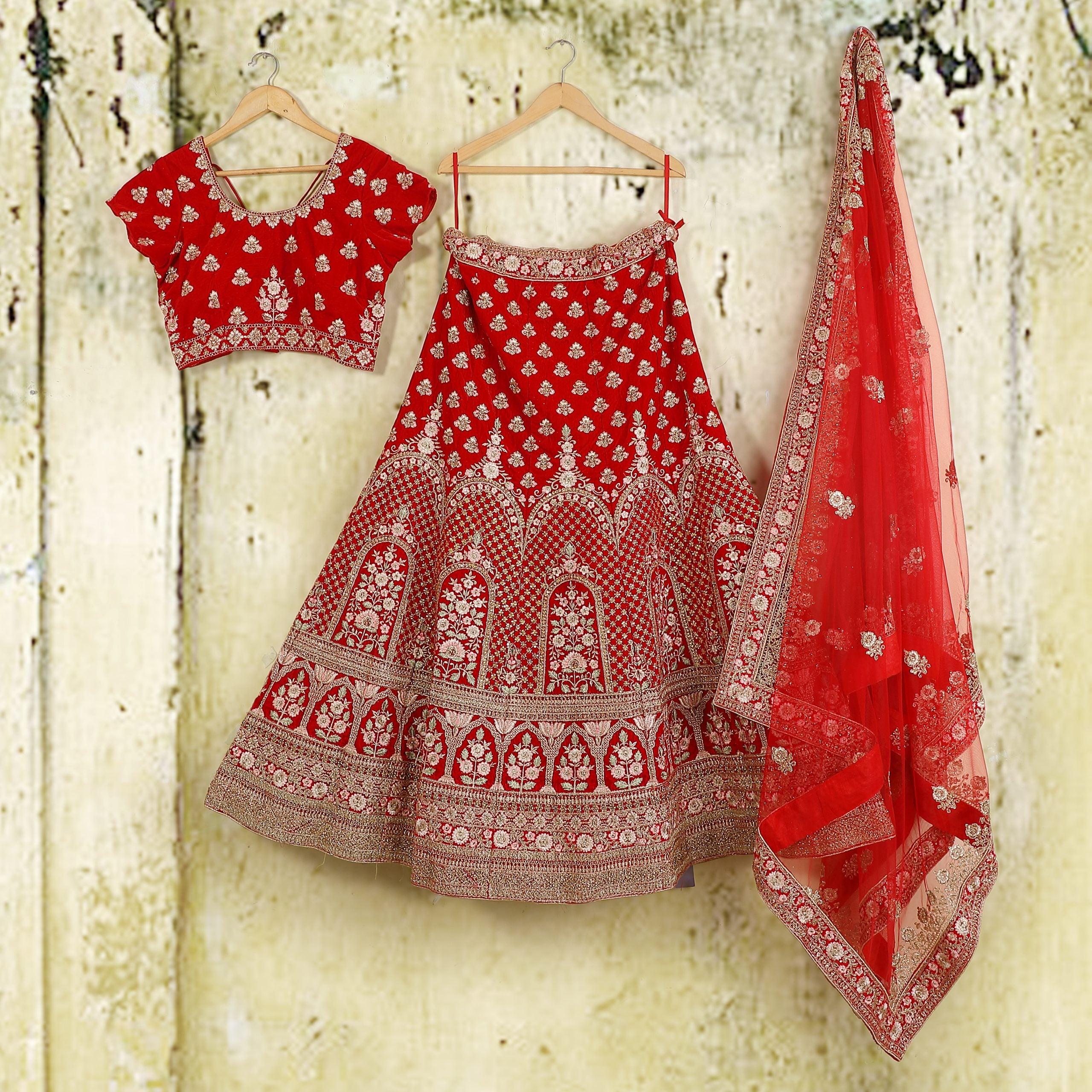 Bridal Red Velvet Lehenga Choli  D.No. DERR-1849