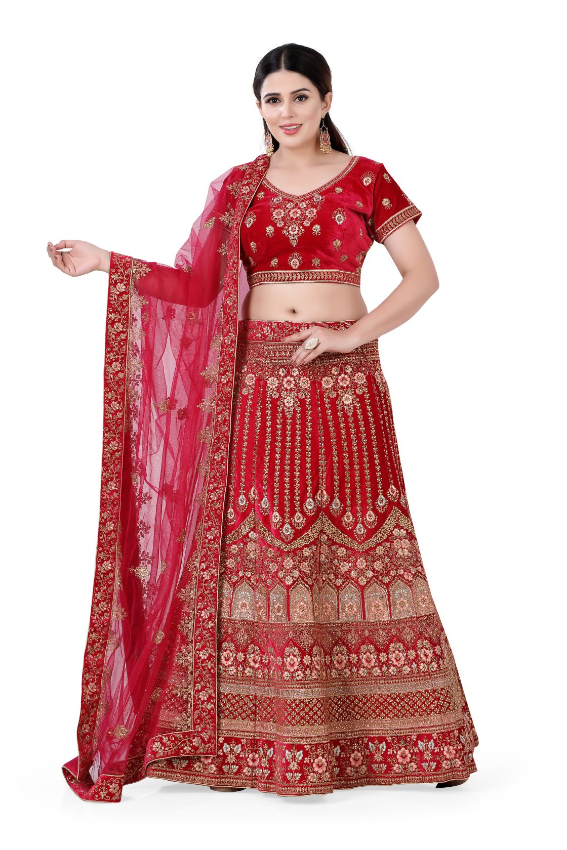 Velvet Lehenga Choli-Red - Premium Partywear Lehenga from Dulhan Exclusives - Just $525! Shop now at Dulhan Exclusives
