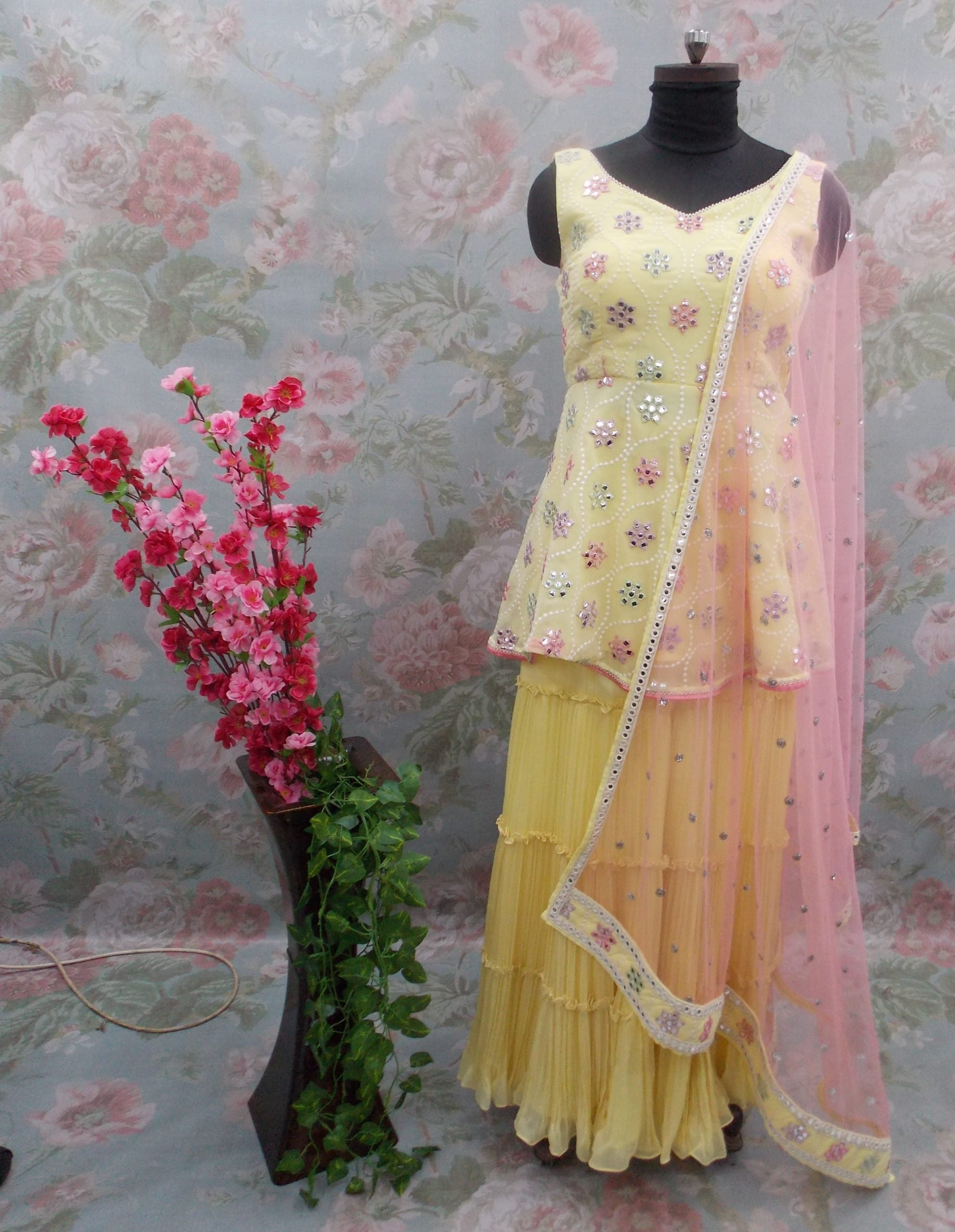 Lemon Yellow Mirror Embroidered Georgette Party Wear Frock Gharara Suit - 112060