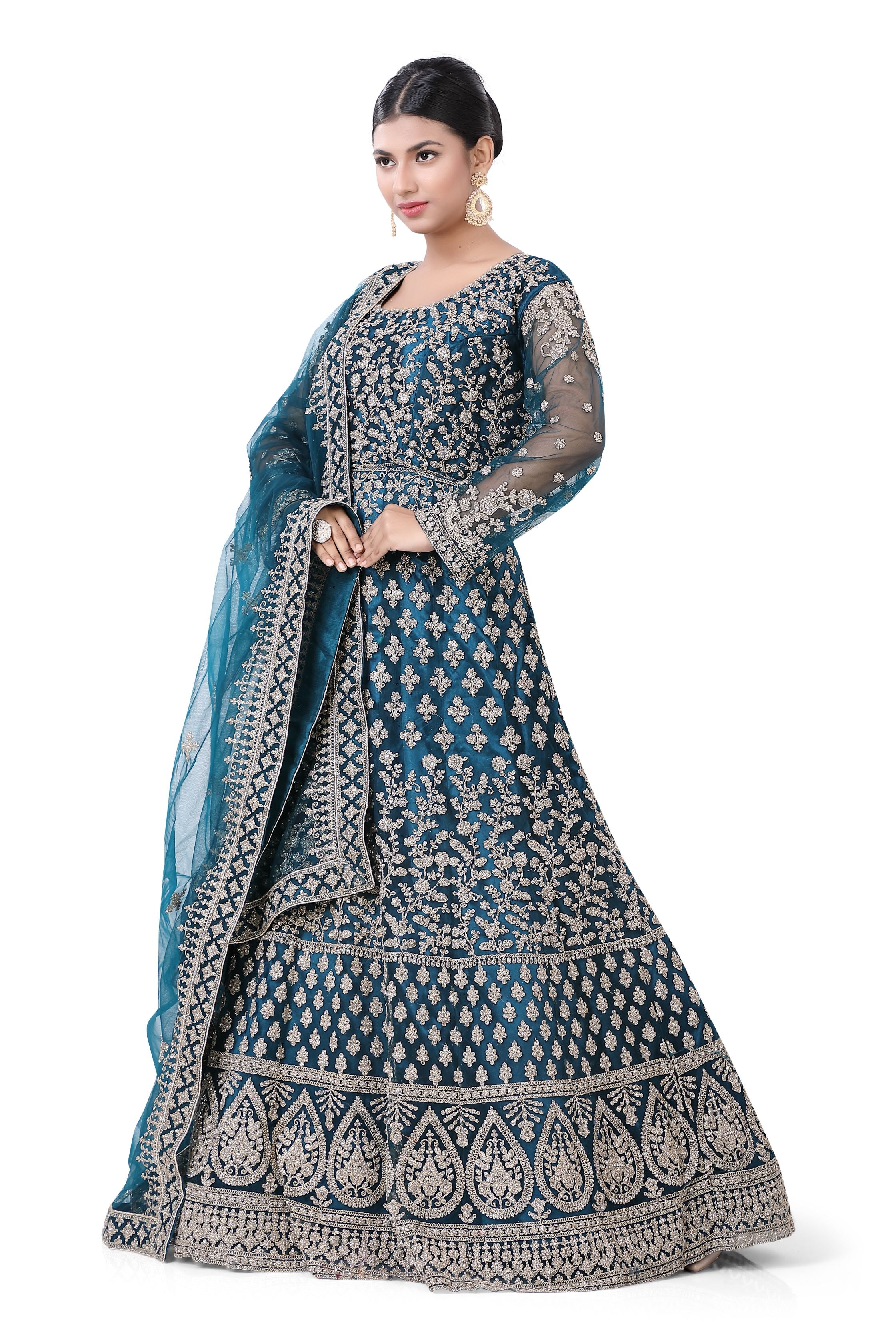 Teal Blue Designer Lacha Suit