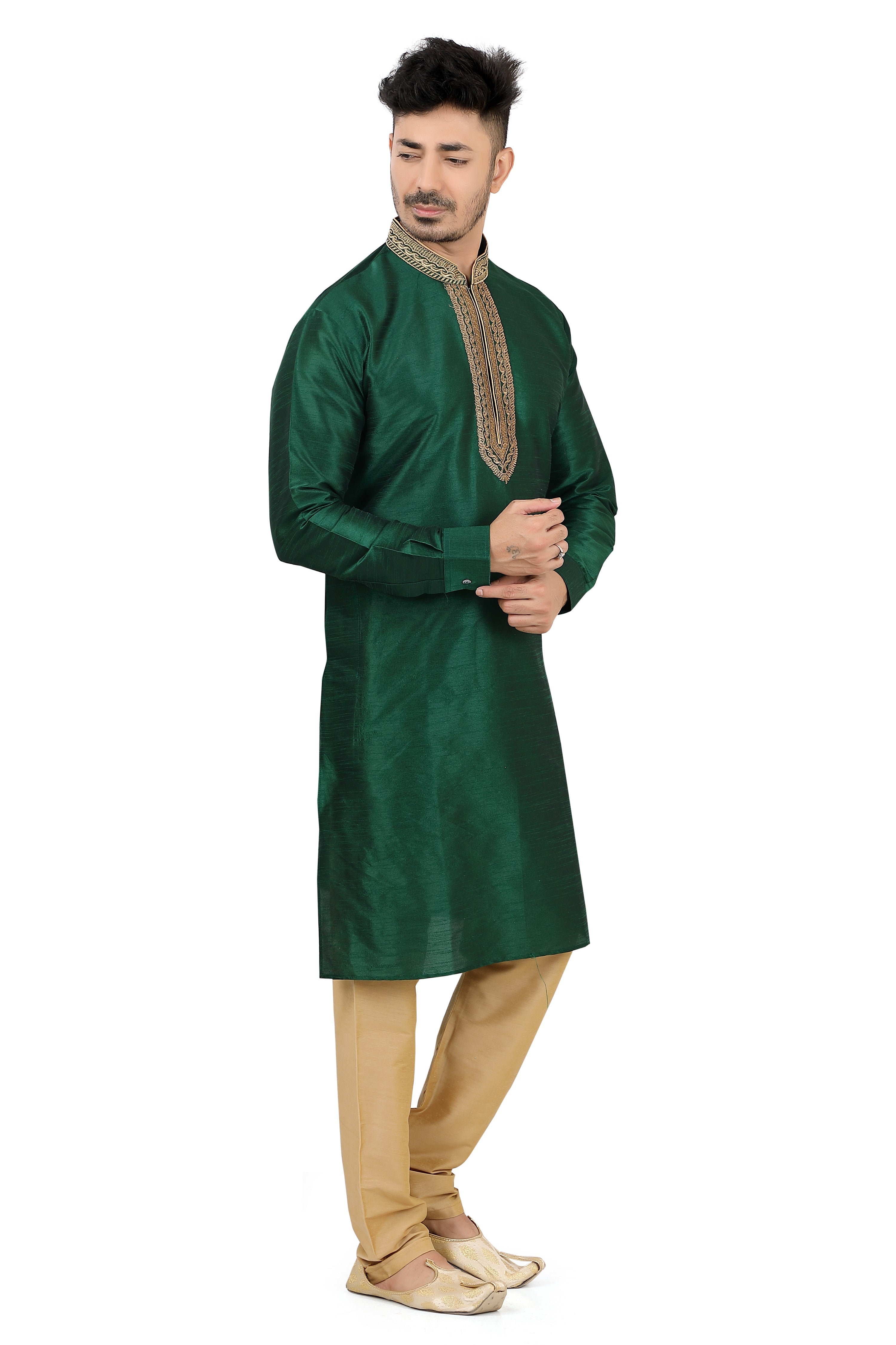 Banarasi Silk Kurta pajama set in Bottle Green