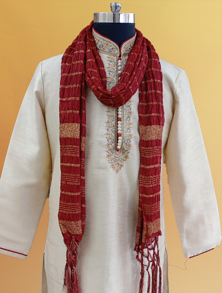 Maroon Crushed Dupatta for Sherwani - Premium MEN'S SCARF from Dapper Ethnic - Just $25! Shop now at Dulhan Exclusives