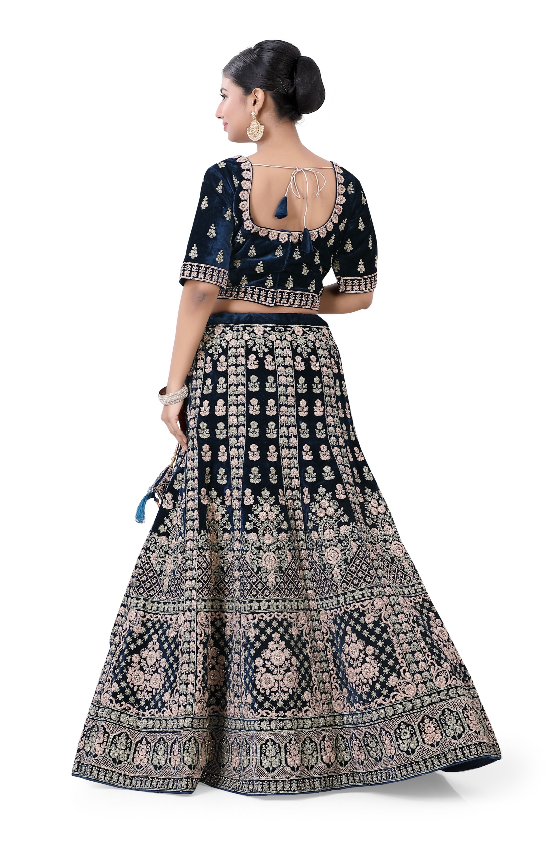 Peacock Blue Lehenga Choli-Velvet - Premium Bridal lehenga from Dulhan Exclusives - Just $1350! Shop now at Dulhan Exclusives