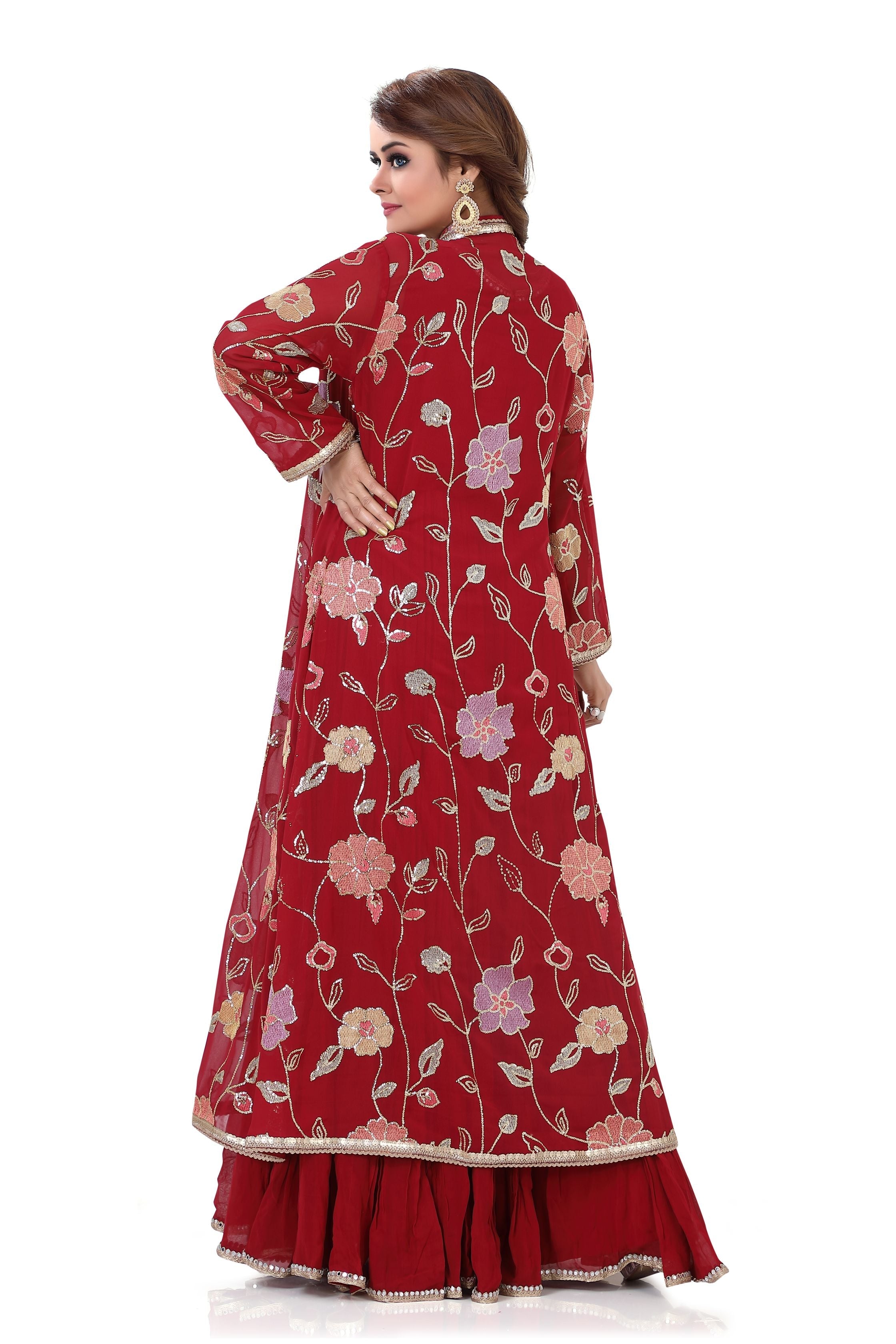 Floral Indo Western Suit in Cherry Red