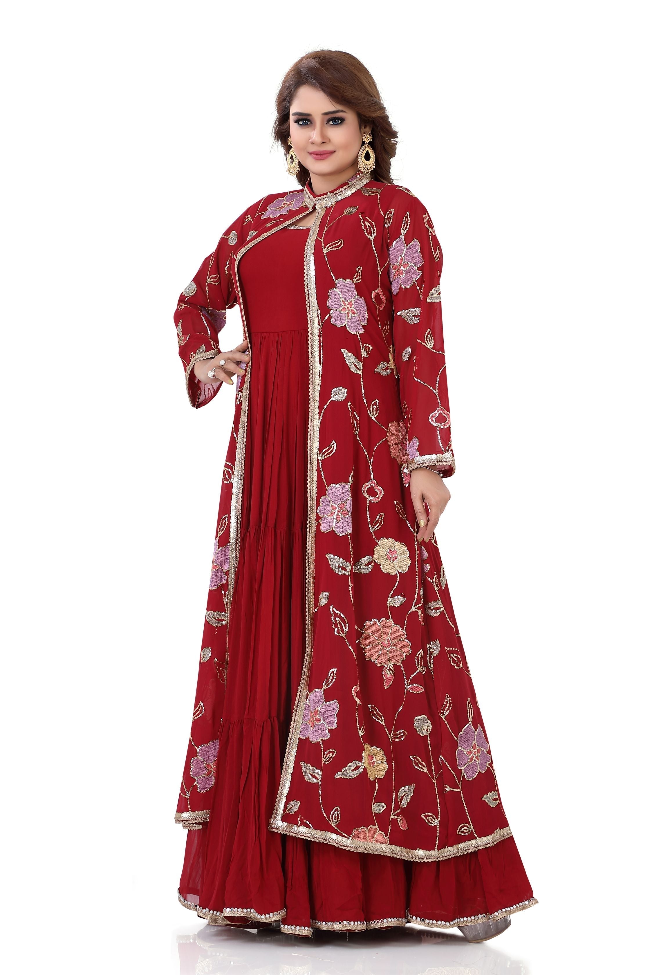 Floral Indo Western Suit in Cherry Red