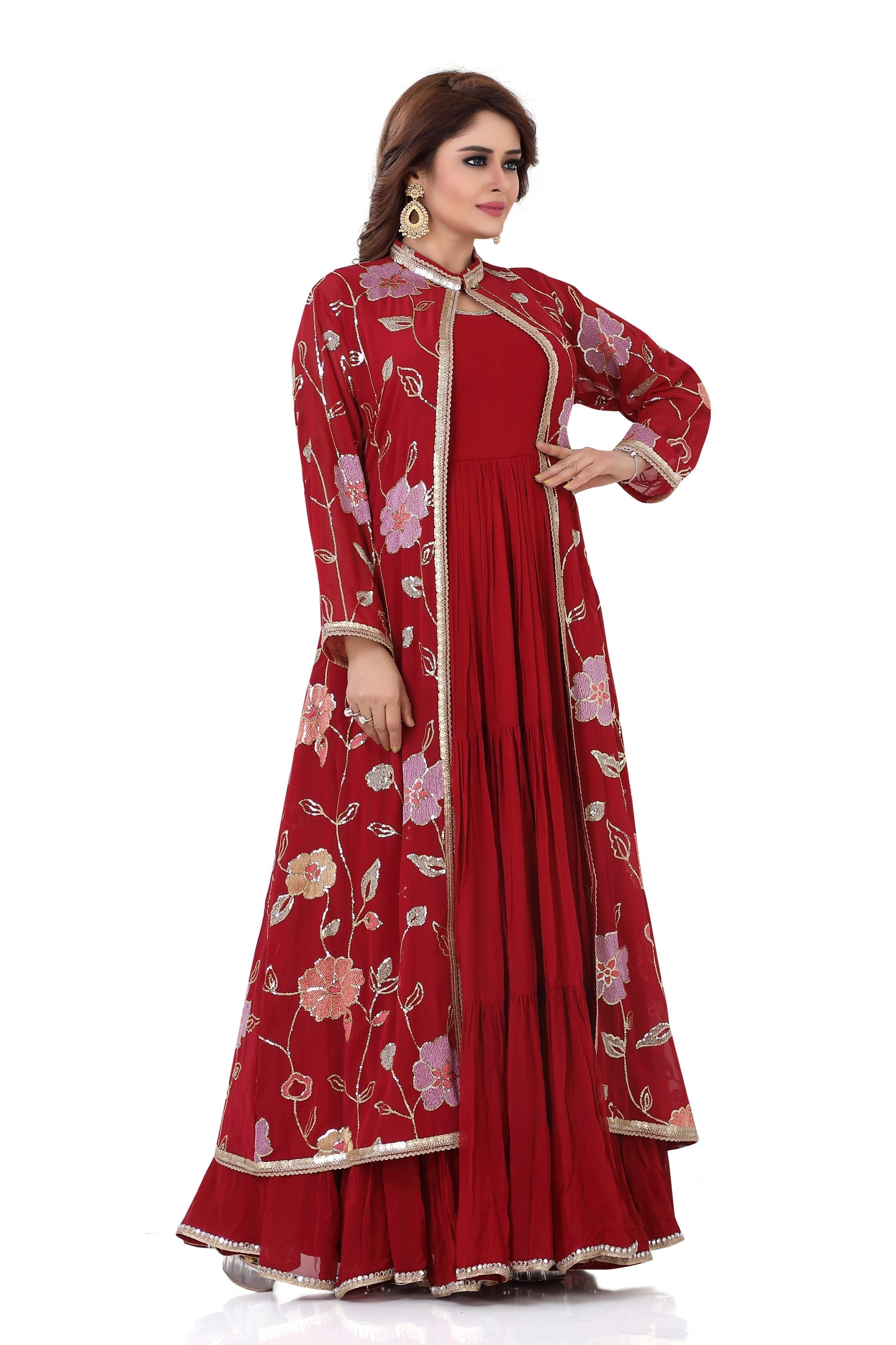 Floral Indo Western Suit in Cherry Red