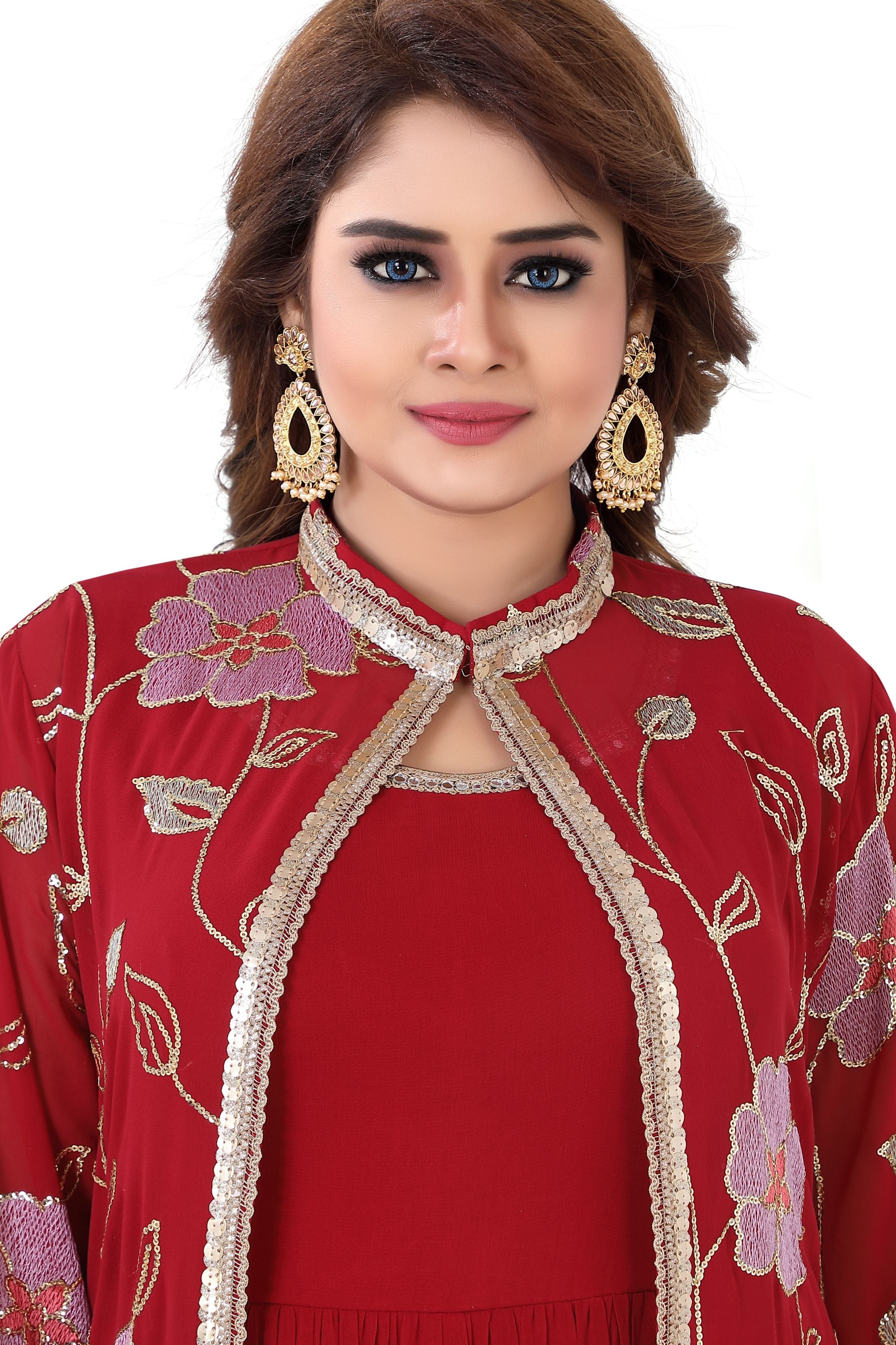 Floral Indo Western Suit in Cherry Red