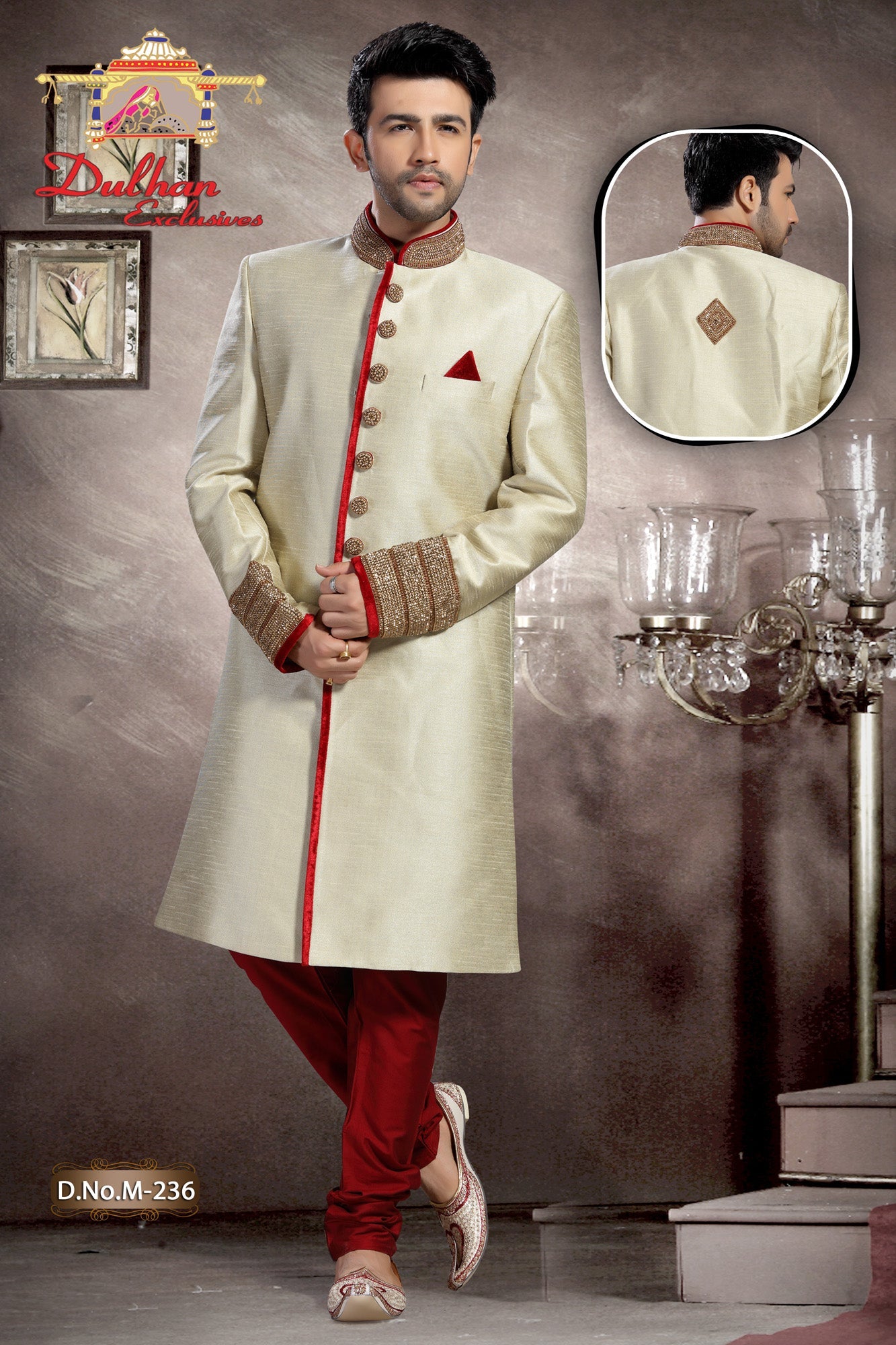 Classic Dupion Silk Sherwani in Ivory HC-M-236 ( Size 40)