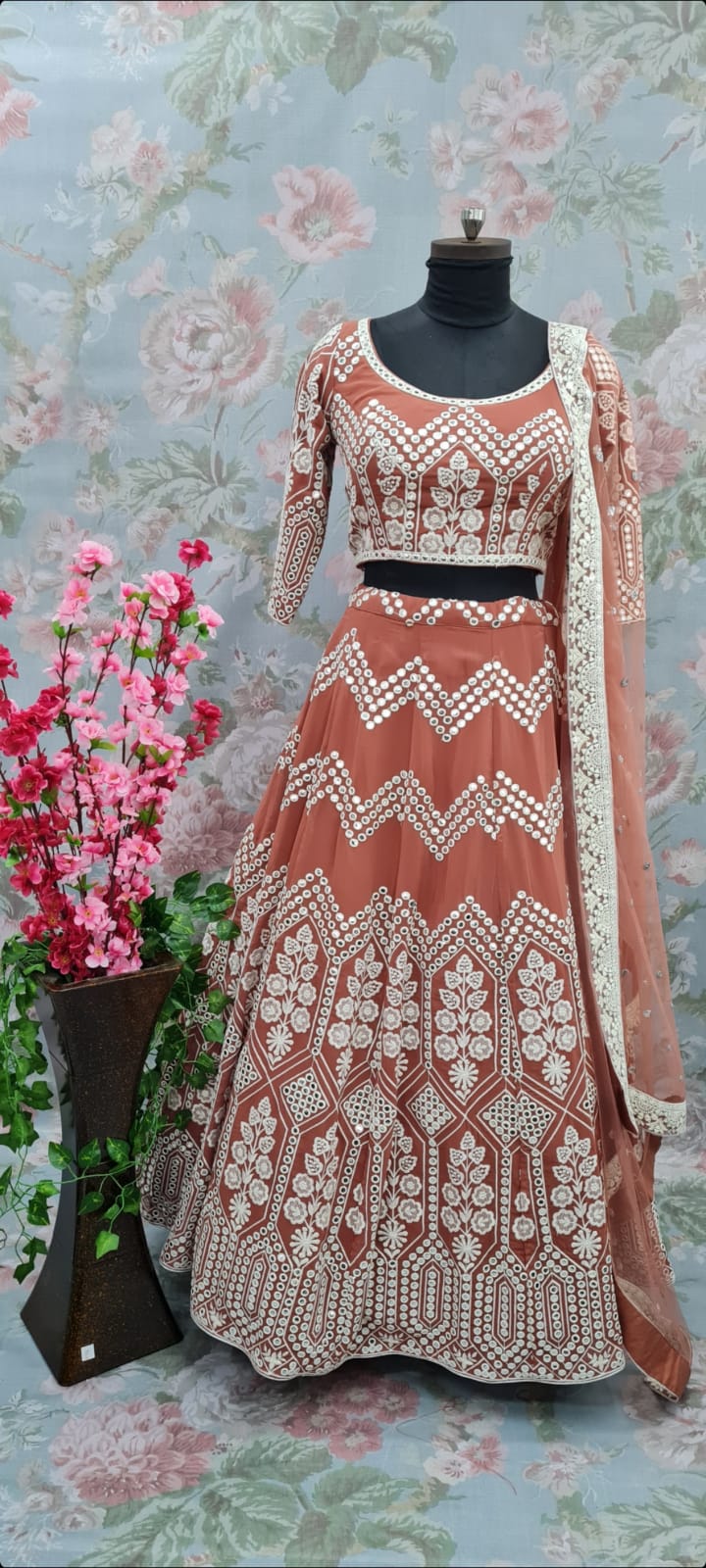 Party wear Lehenga Choli in Dusty Orange with Thread and Abhala work - Premium Partywear Lehenga from Dulhan Exclusives - Just $475! Shop now at Dulhan Exclusives