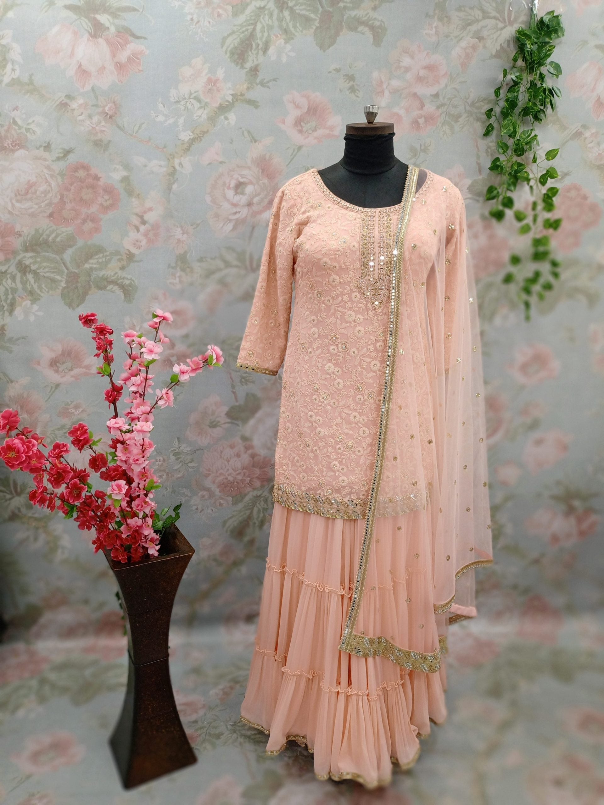Peach Lucknowi Georgette Short Top with Gazing Plazzo - 113257 - Premium partywear sharara from Dulhan Exclusives - Just $179! Shop now at Dulhan Exclusives