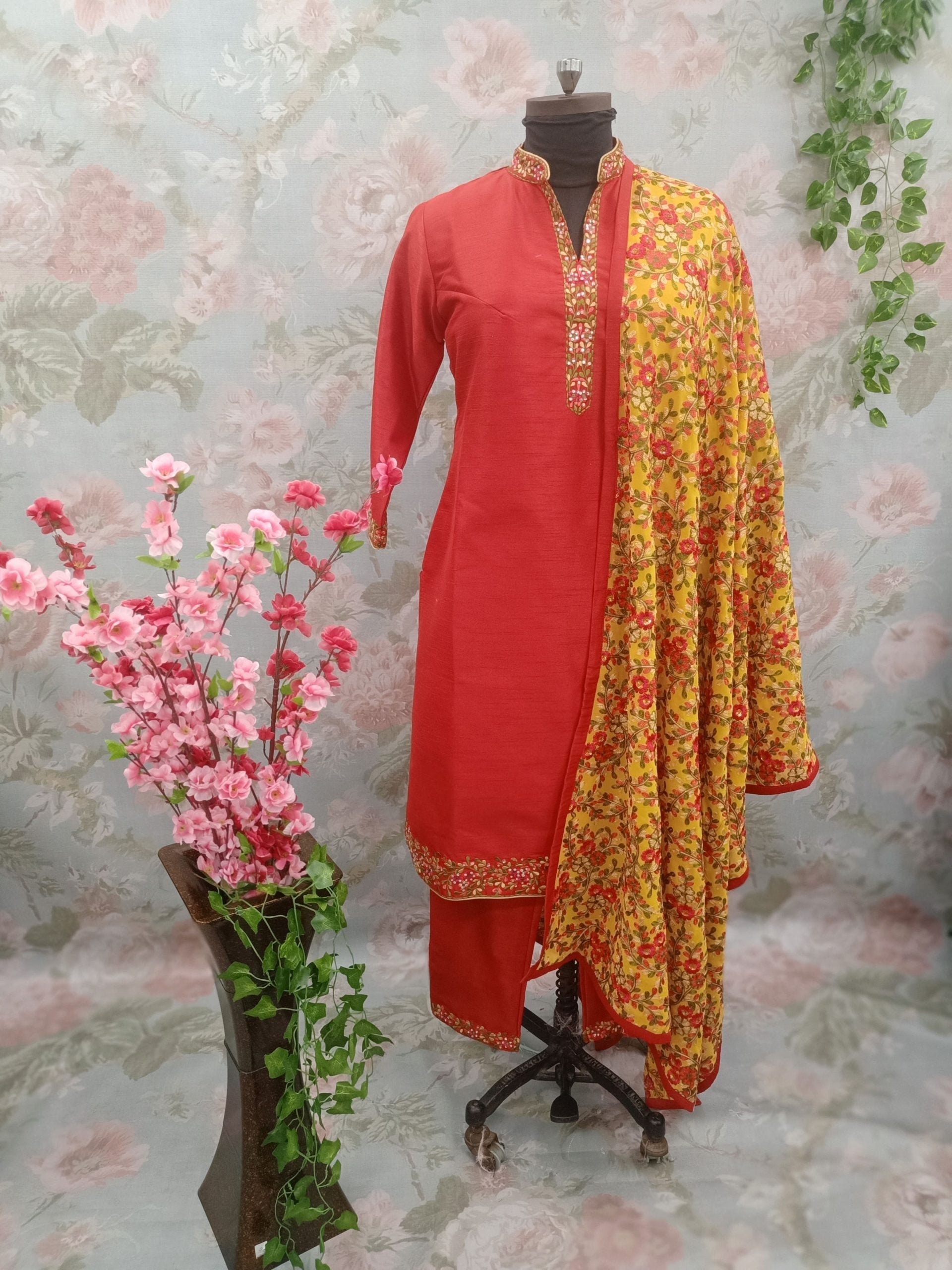 Red A-Line Suit With Yellow Georgette Dupatta & Multi Colour Embroidery