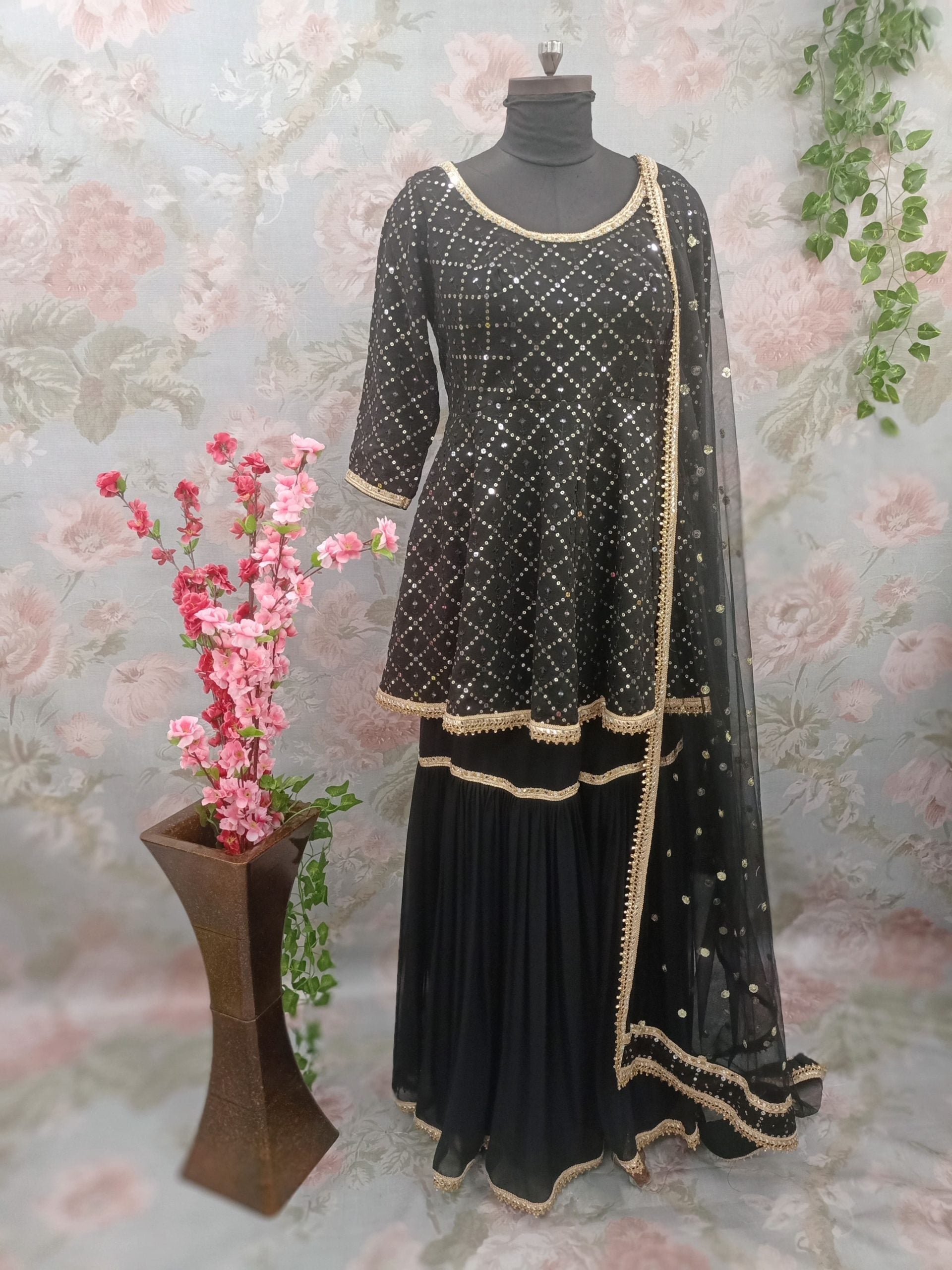 Black Georgette Sequin Party Wear Frock Gharara Suit - 113037