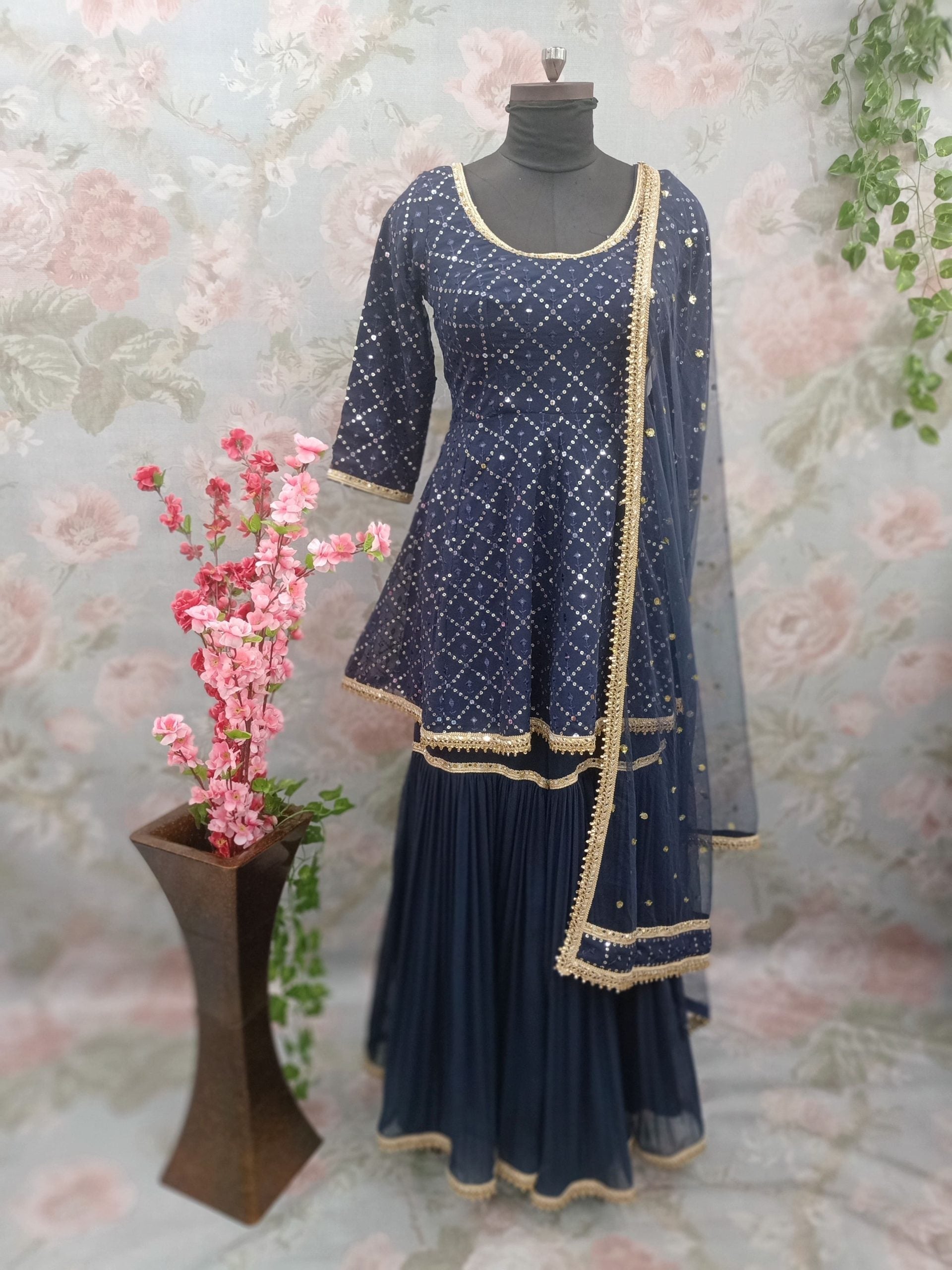 Navy Blue Georgette Sequin Party Wear Frock Gharara Suit - 113037