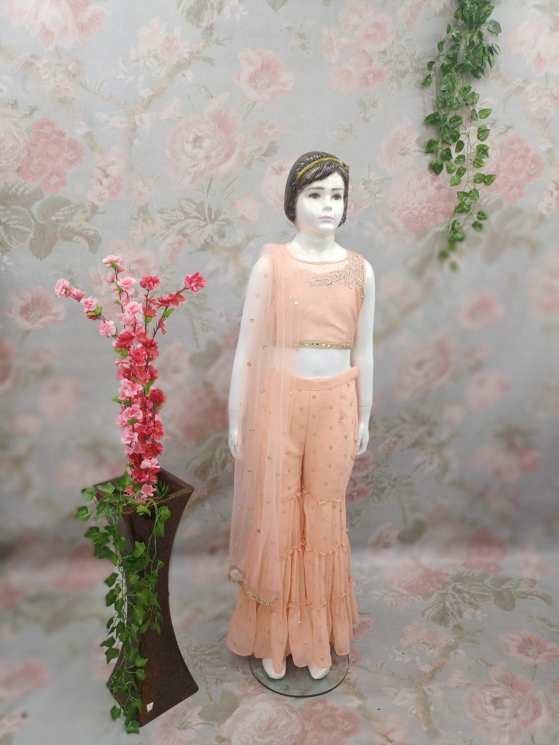 Peach sharara and crop top suit with work on Neckline