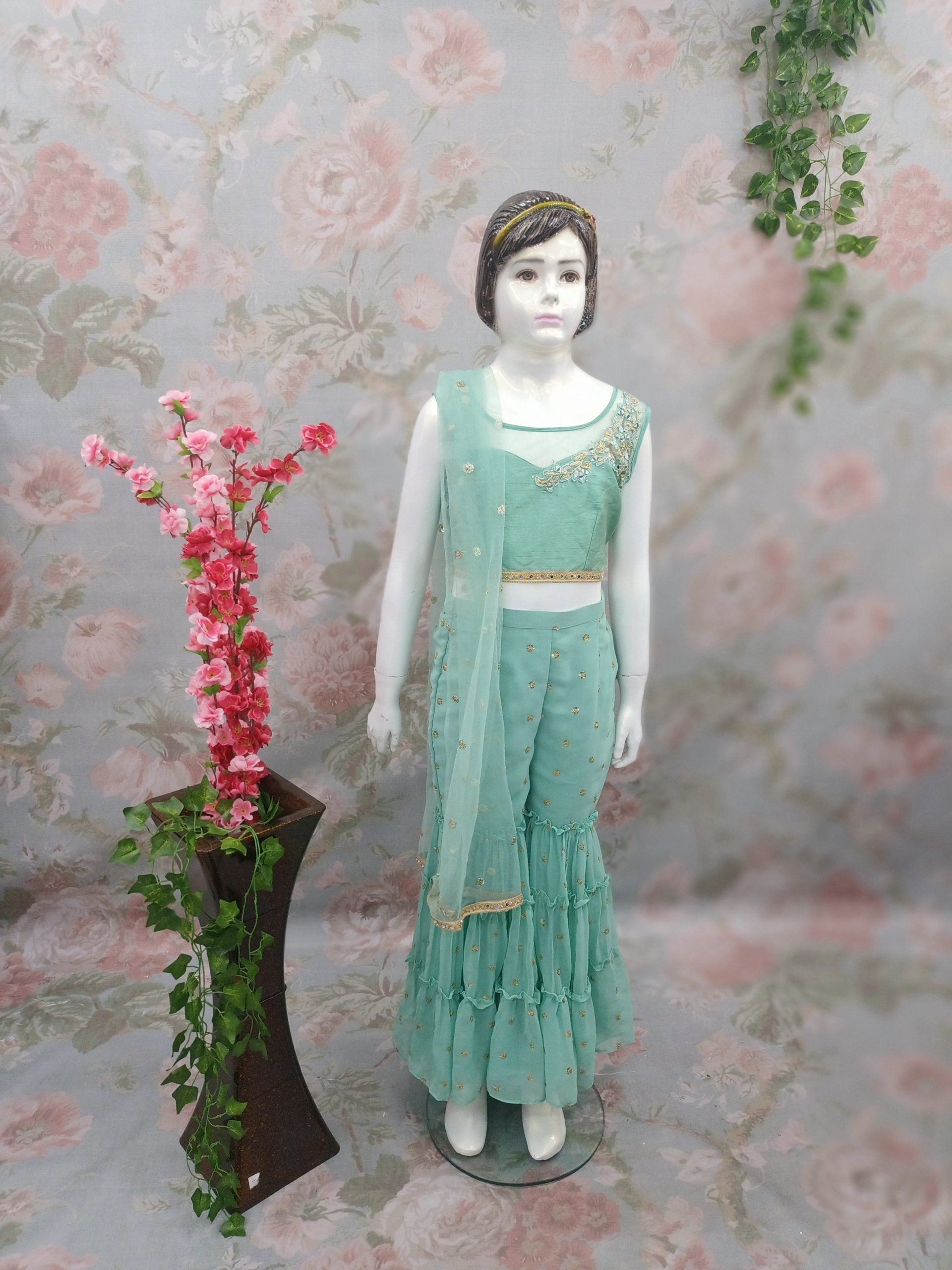 Sea Green sharara and crop top suit with work on Neckline